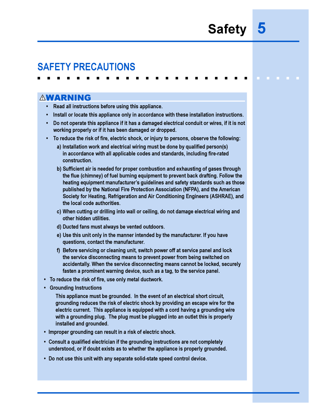 Electrolux E40PV100FS installation instructions Safety Precautions 