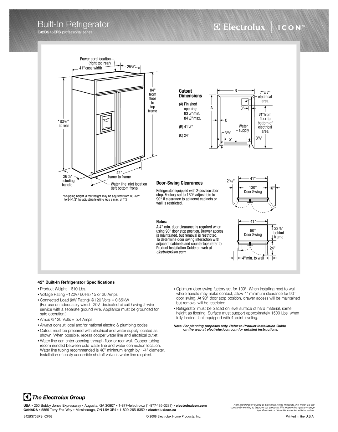 Electrolux E42BS75EPS specifications Cutout, Dimensions, Door-Swing Clearances, Built-In Refrigerator Specifications 