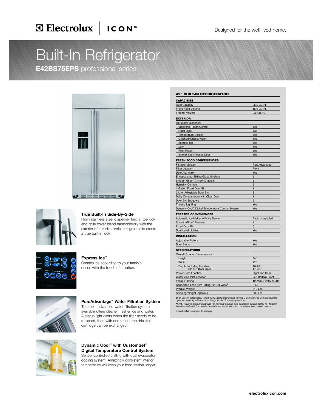 Electrolux E42BS75EPS specifications True Built-In Side-By-Side, Express Ice, PureAdvantage Water Filtration System 