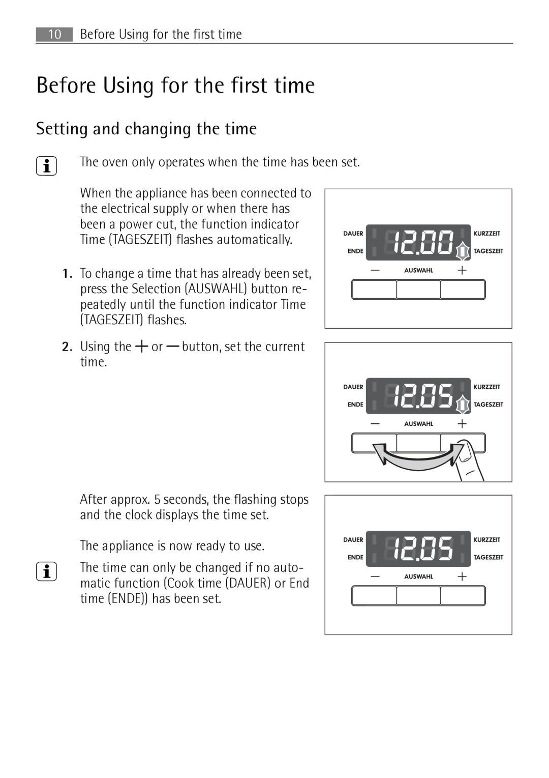 Electrolux E43012-5 user manual Before Using for the first time, Setting and changing the time 