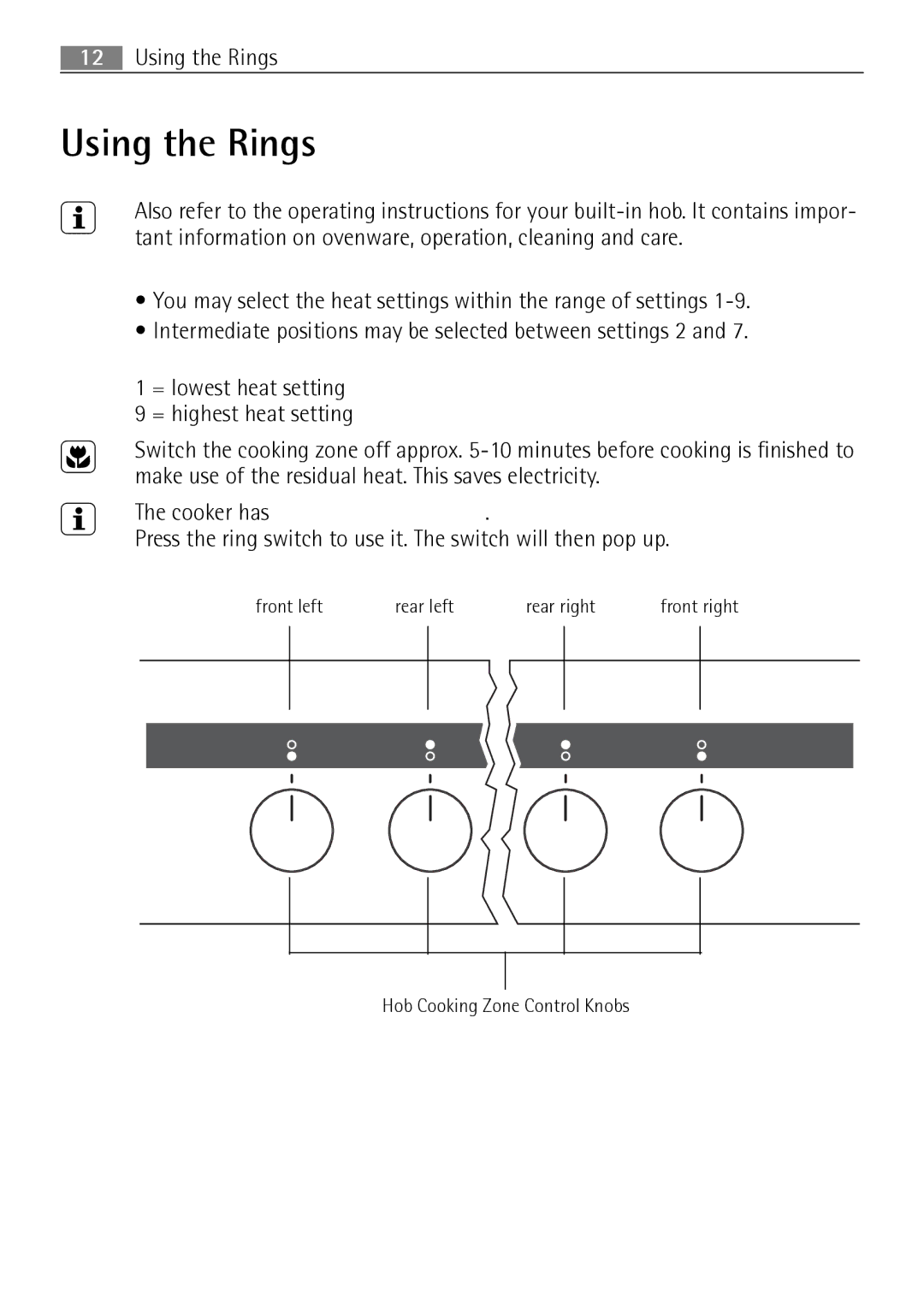 Electrolux E43012-5 user manual Using the Rings, Heat settings, Cooker has pop-up ring switches 