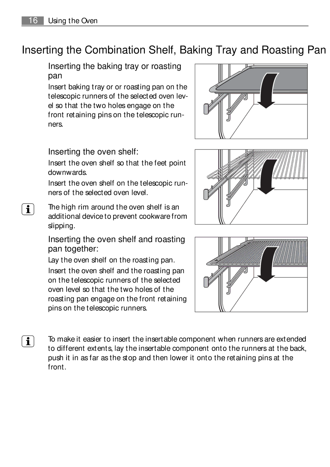 Electrolux E43012-5 user manual Inserting the baking tray or roasting pan, Inserting the oven shelf 