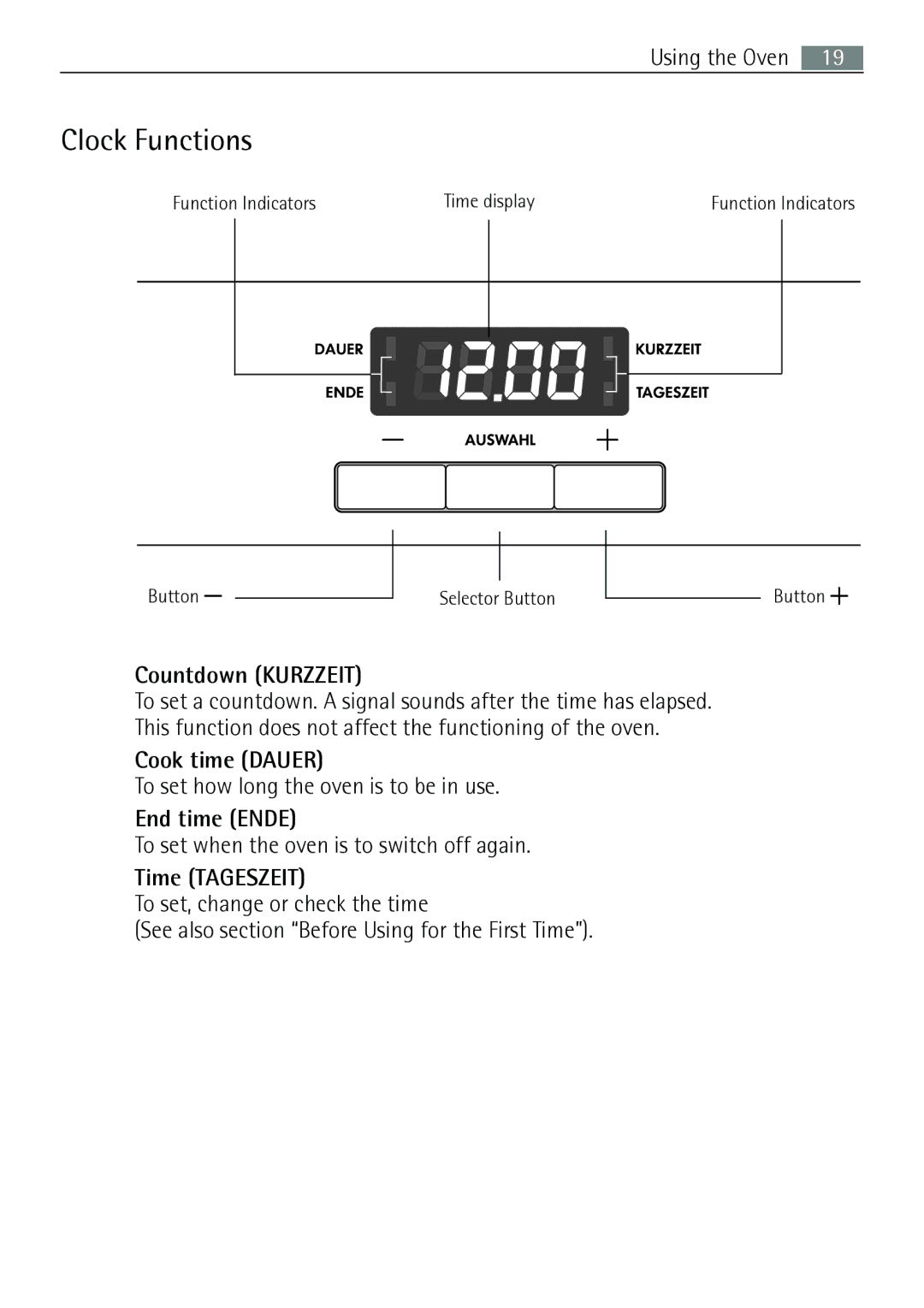 Electrolux E43012-5 user manual Clock Functions, Countdown Kurzzeit, Cook time Dauer, End time Ende, Time Tageszeit 