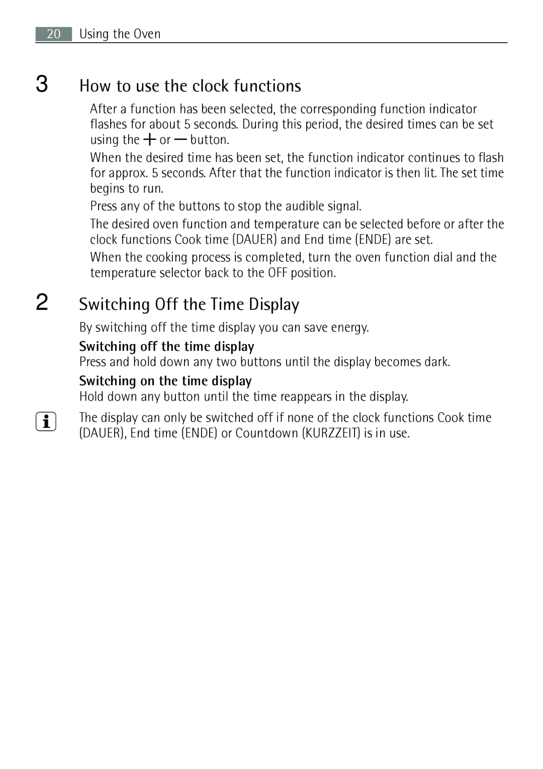 Electrolux E43012-5 How to use the clock functions, Switching Off the Time Display, Switching off the time display 