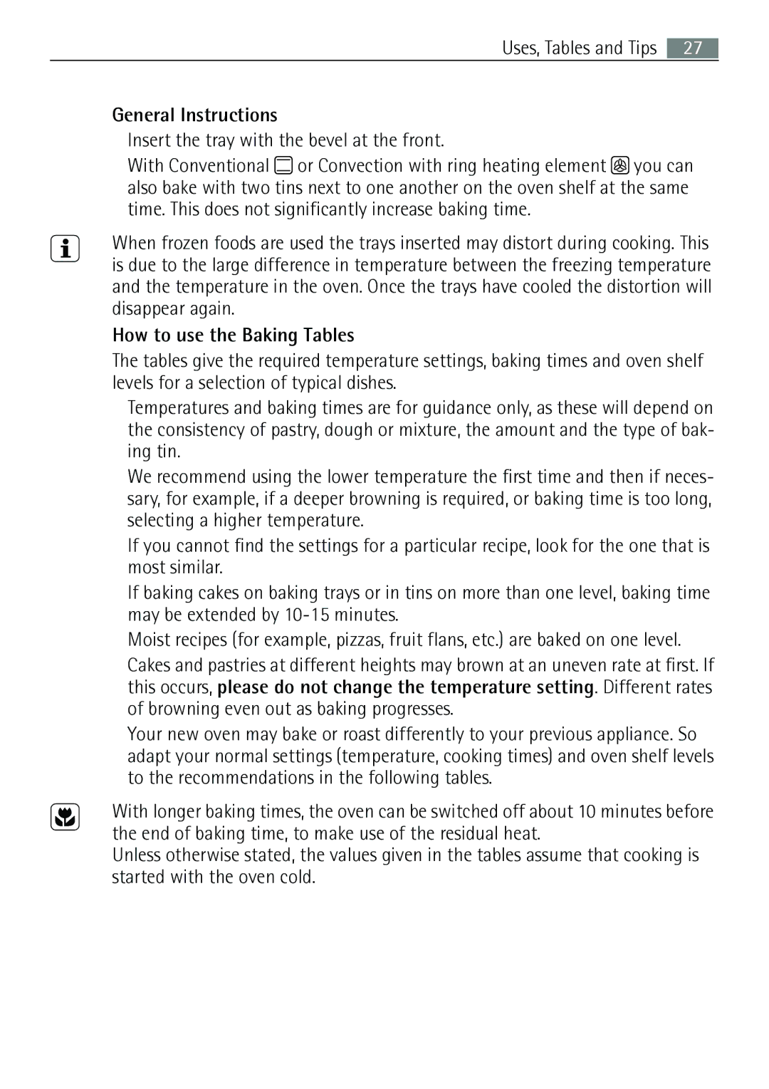 Electrolux E43012-5 General Instructions, Insert the tray with the bevel at the front, How to use the Baking Tables 