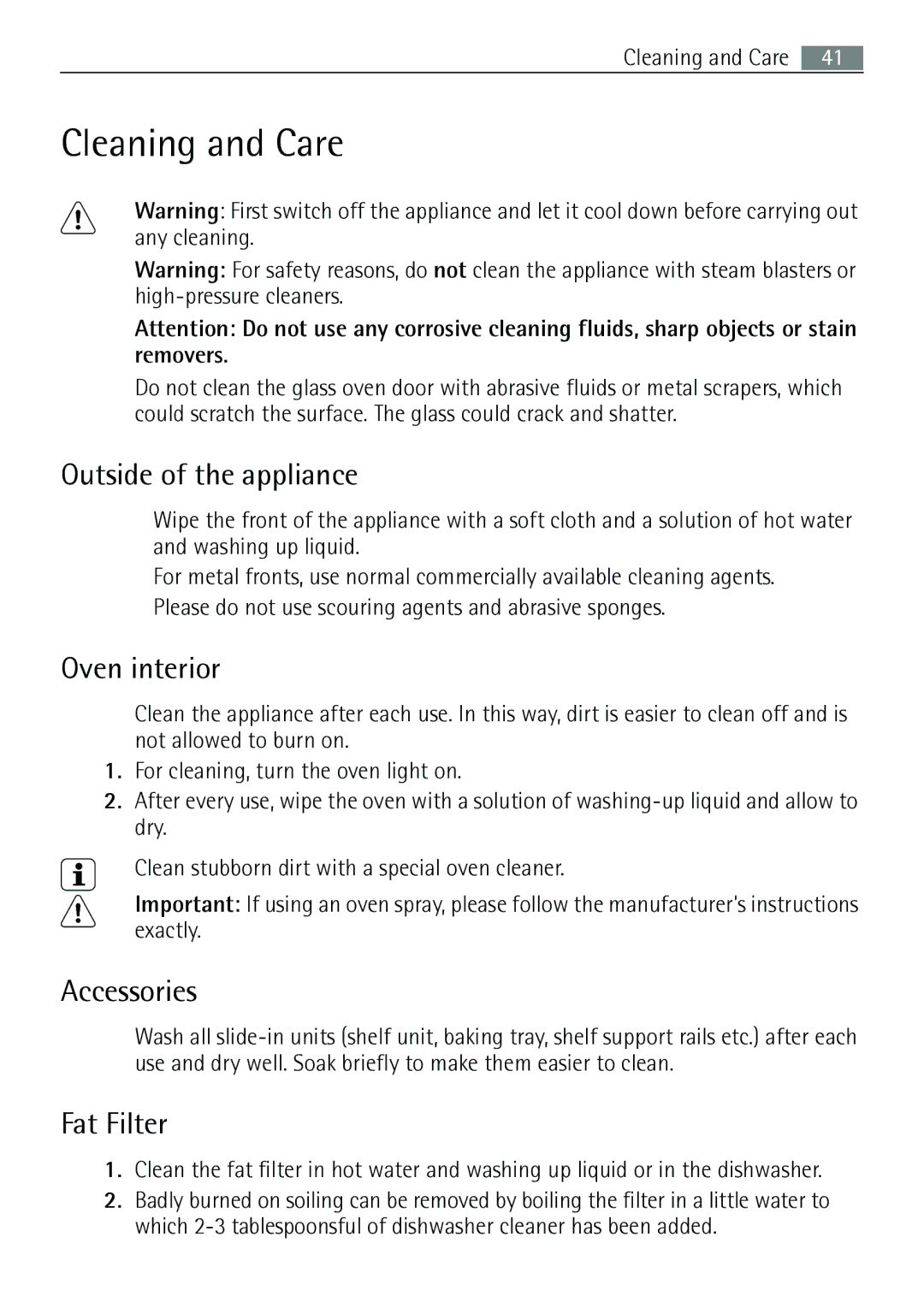 Electrolux E43012-5 user manual Cleaning and Care, Outside of the appliance, Oven interior, Accessories, Fat Filter 