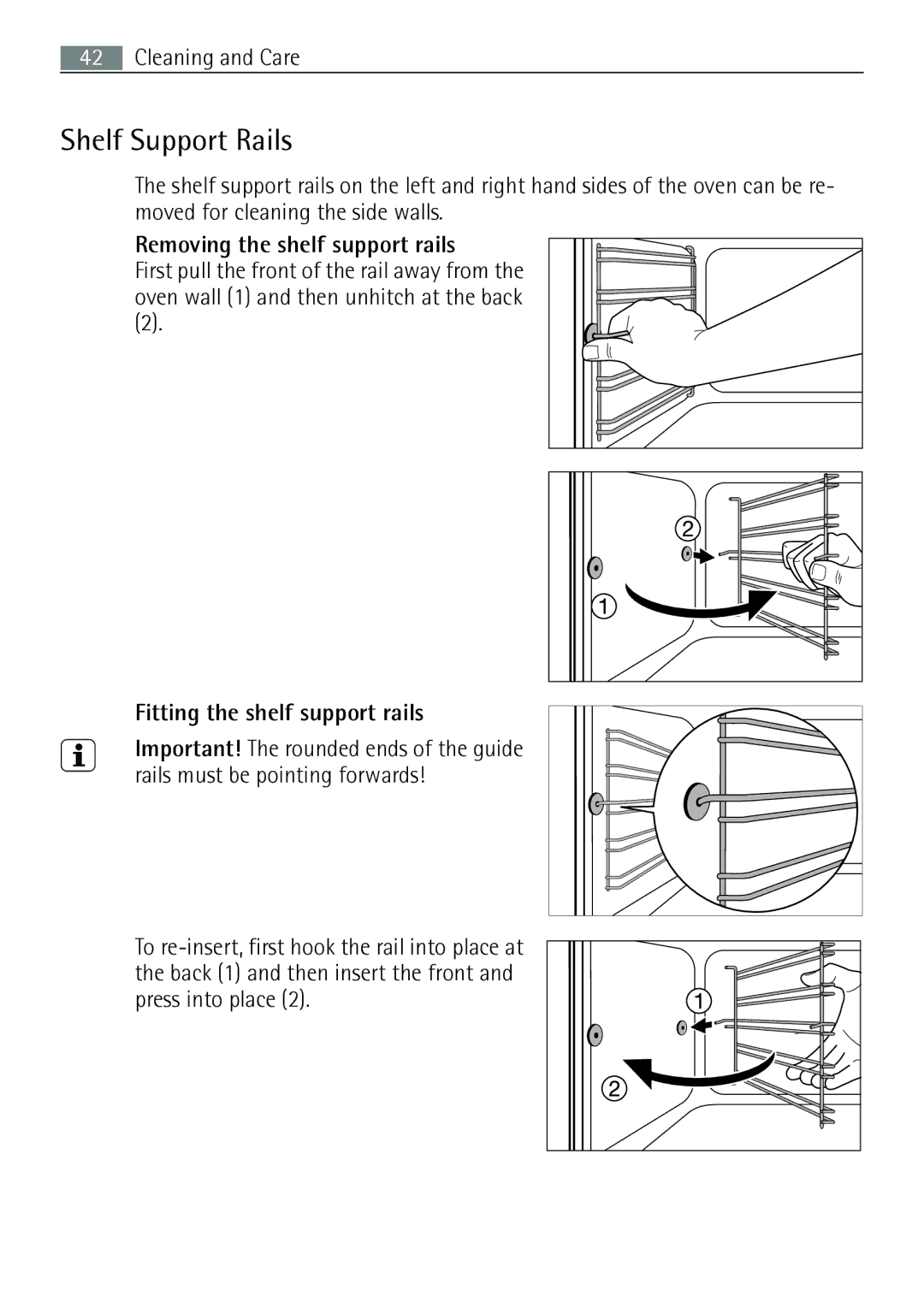 Electrolux E43012-5 user manual Shelf Support Rails, Removing the shelf support rails, Fitting the shelf support rails 