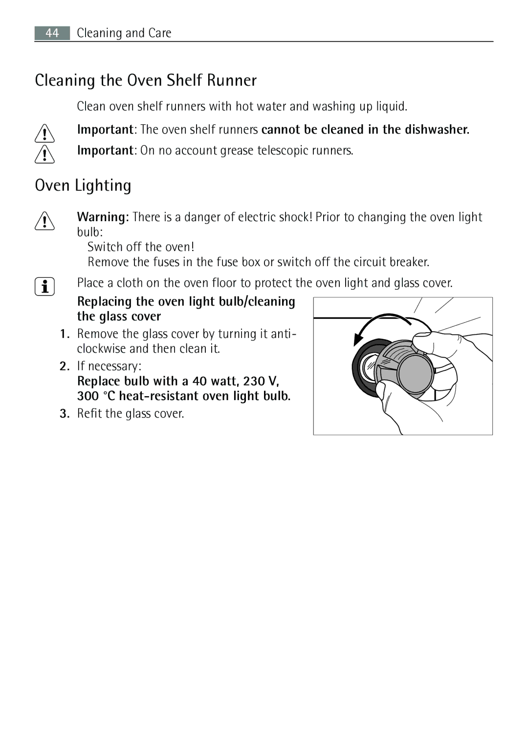 Electrolux E43012-5 Cleaning the Oven Shelf Runner, Oven Lighting, Important On no account grease telescopic runners 