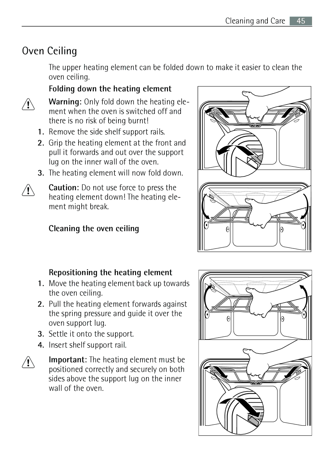 Electrolux E43012-5 user manual Oven Ceiling, Folding down the heating element 