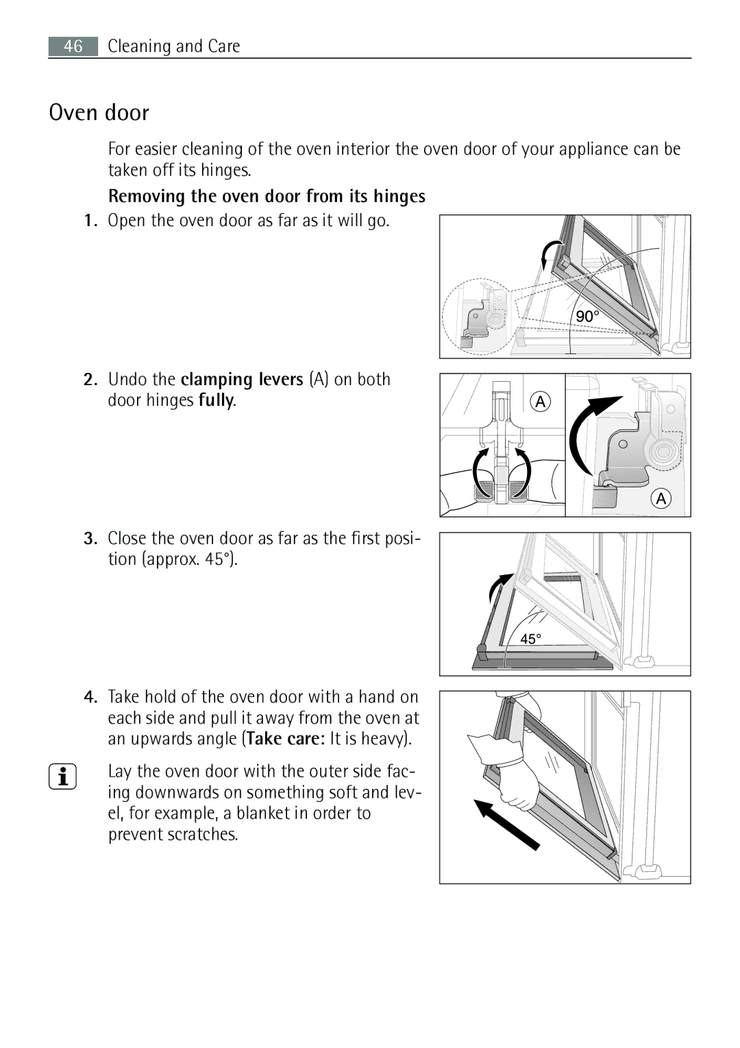 Electrolux E43012-5 user manual Oven door, Removing the oven door from its hinges, Open the oven door as far as it will go 