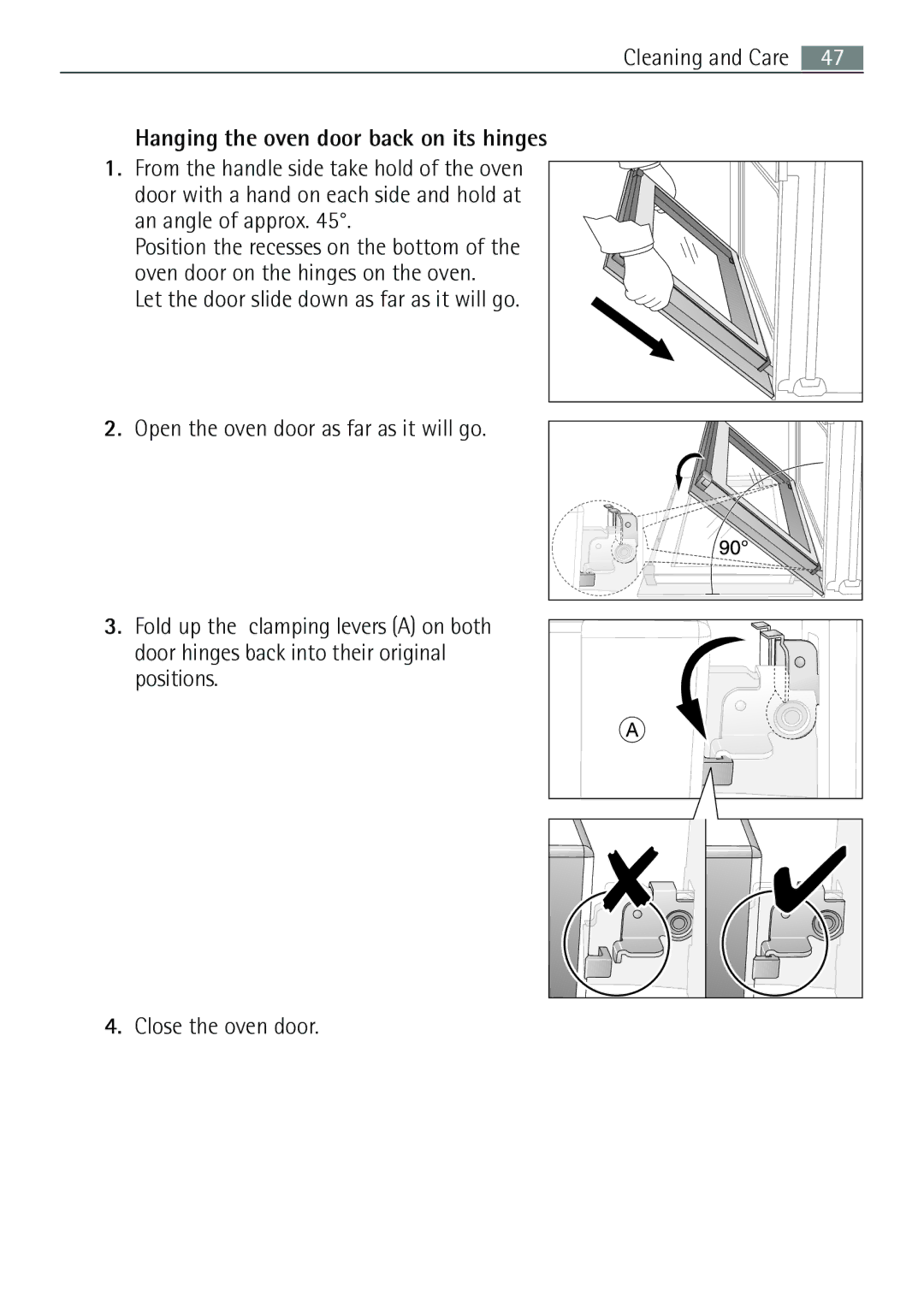 Electrolux E43012-5 user manual Hanging the oven door back on its hinges 