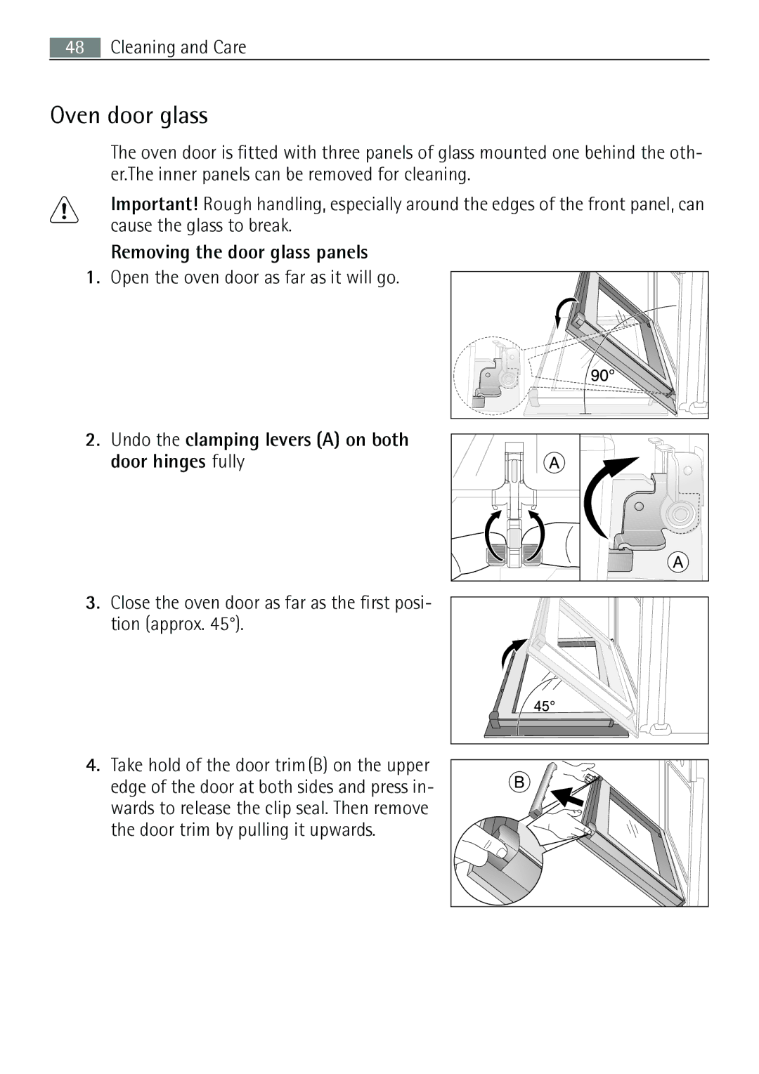 Electrolux E43012-5 user manual Oven door glass, Removing the door glass panels 