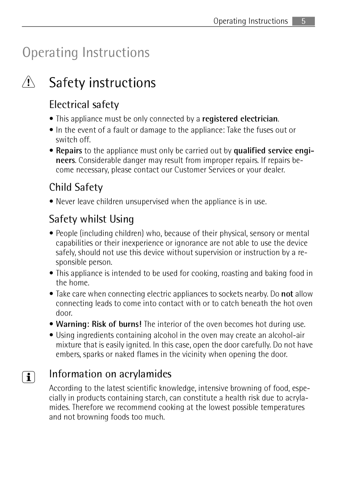 Electrolux E43012-5 Safety instructions, Electrical safety, Child Safety, Safety whilst Using, Information on acrylamides 