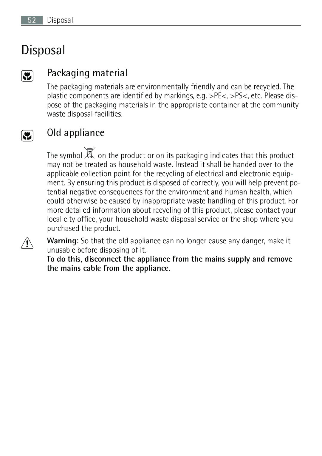 Electrolux E43012-5 user manual Disposal, Packaging material, Old appliance 