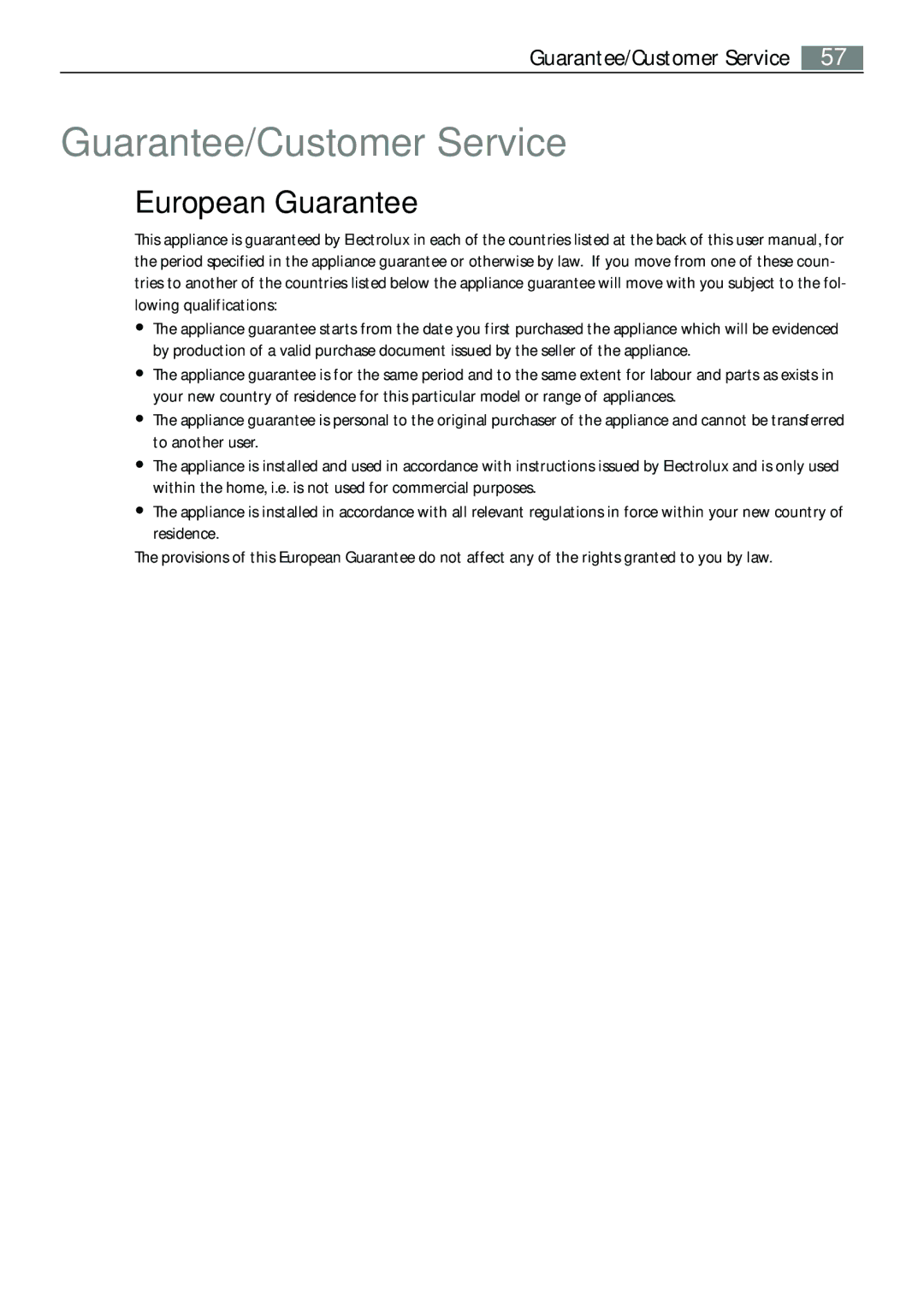 Electrolux E43012-5 user manual European Guarantee, Guarantee/Customer Service 