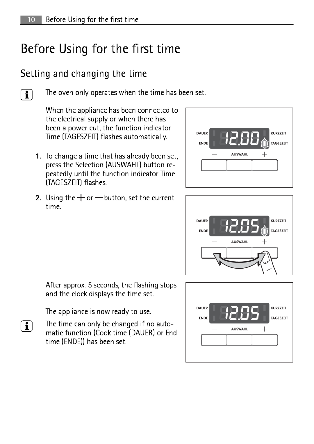 Electrolux E43012-5 user manual Before Using for the first time, Setting and changing the time 