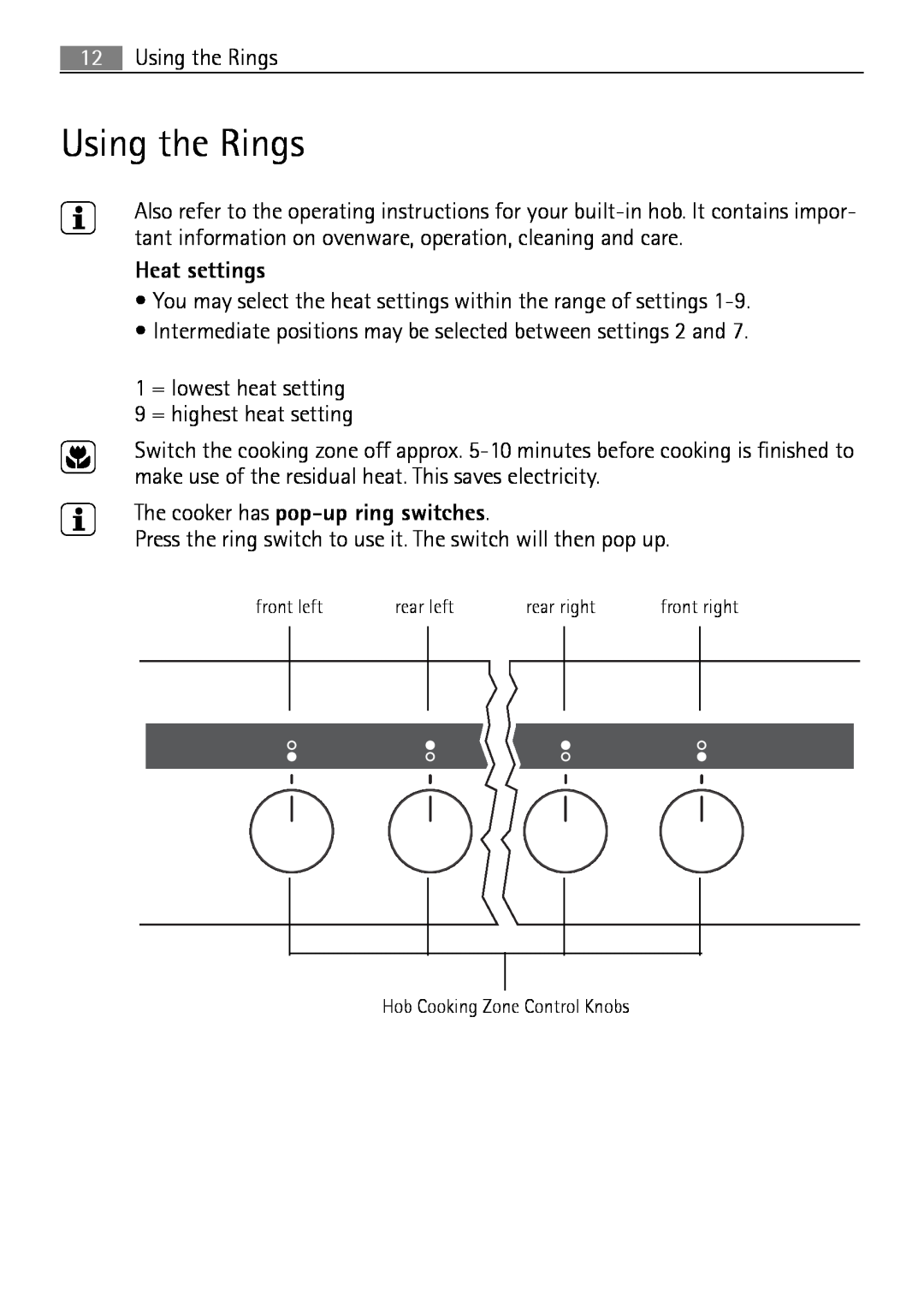 Electrolux E43012-5 user manual Using the Rings, Heat settings, The cooker has pop-up ring switches 