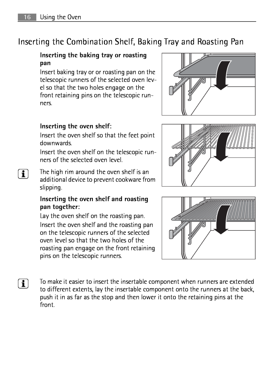 Electrolux E43012-5 user manual Inserting the Combination Shelf, Baking Tray and Roasting Pan, Inserting the oven shelf 