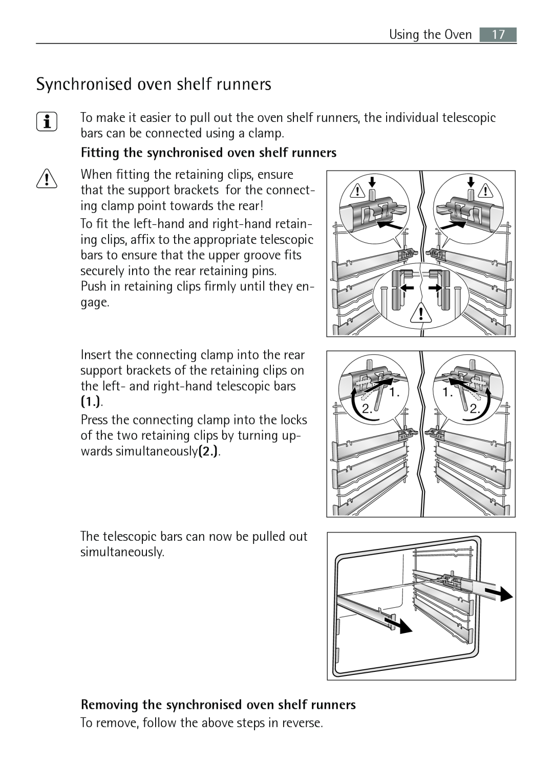 Electrolux E43012-5 user manual Synchronised oven shelf runners, Fitting the synchronised oven shelf runners 