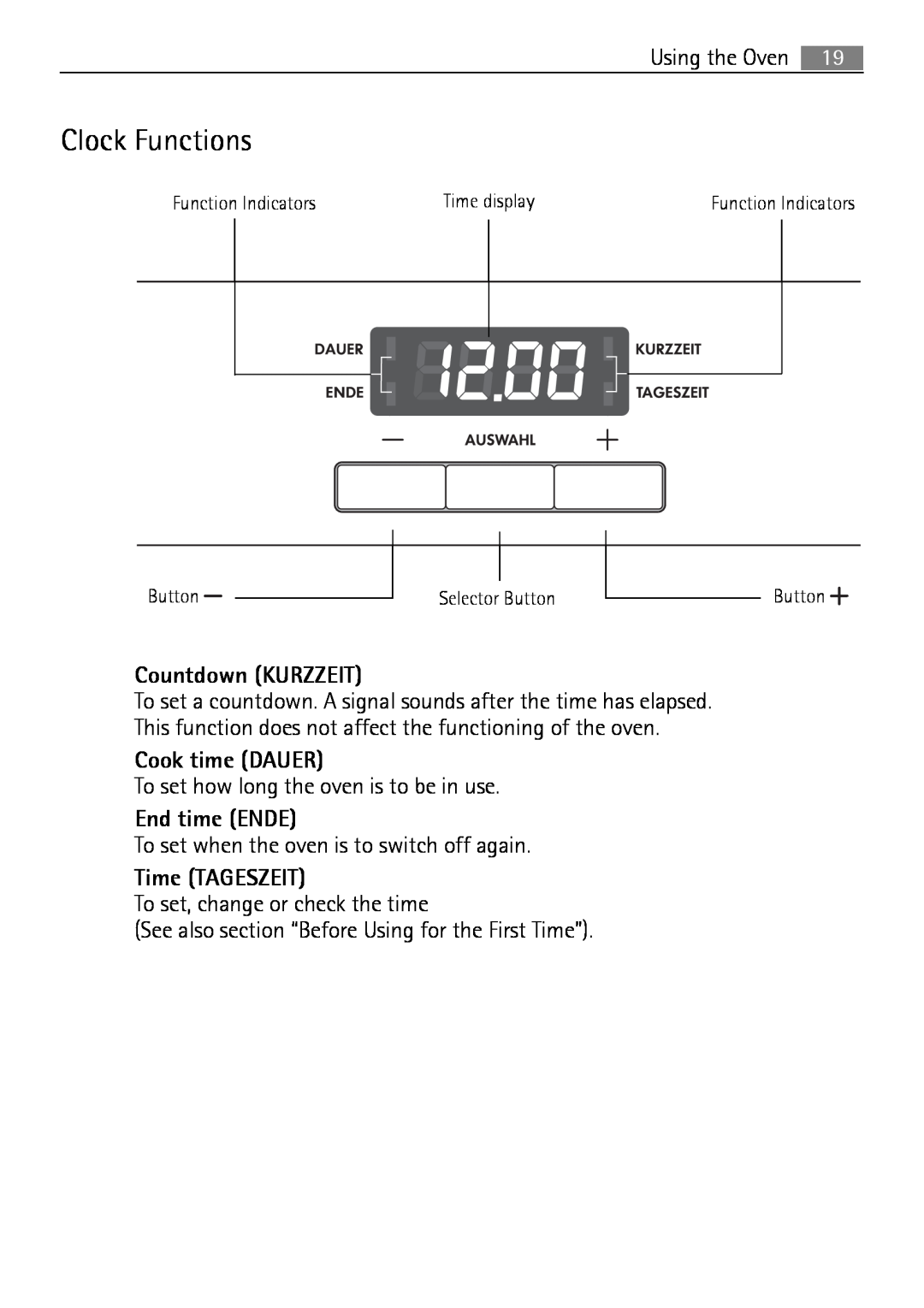 Electrolux E43012-5 user manual Clock Functions, Countdown KURZZEIT, Cook time DAUER, End time ENDE, Time TAGESZEIT 
