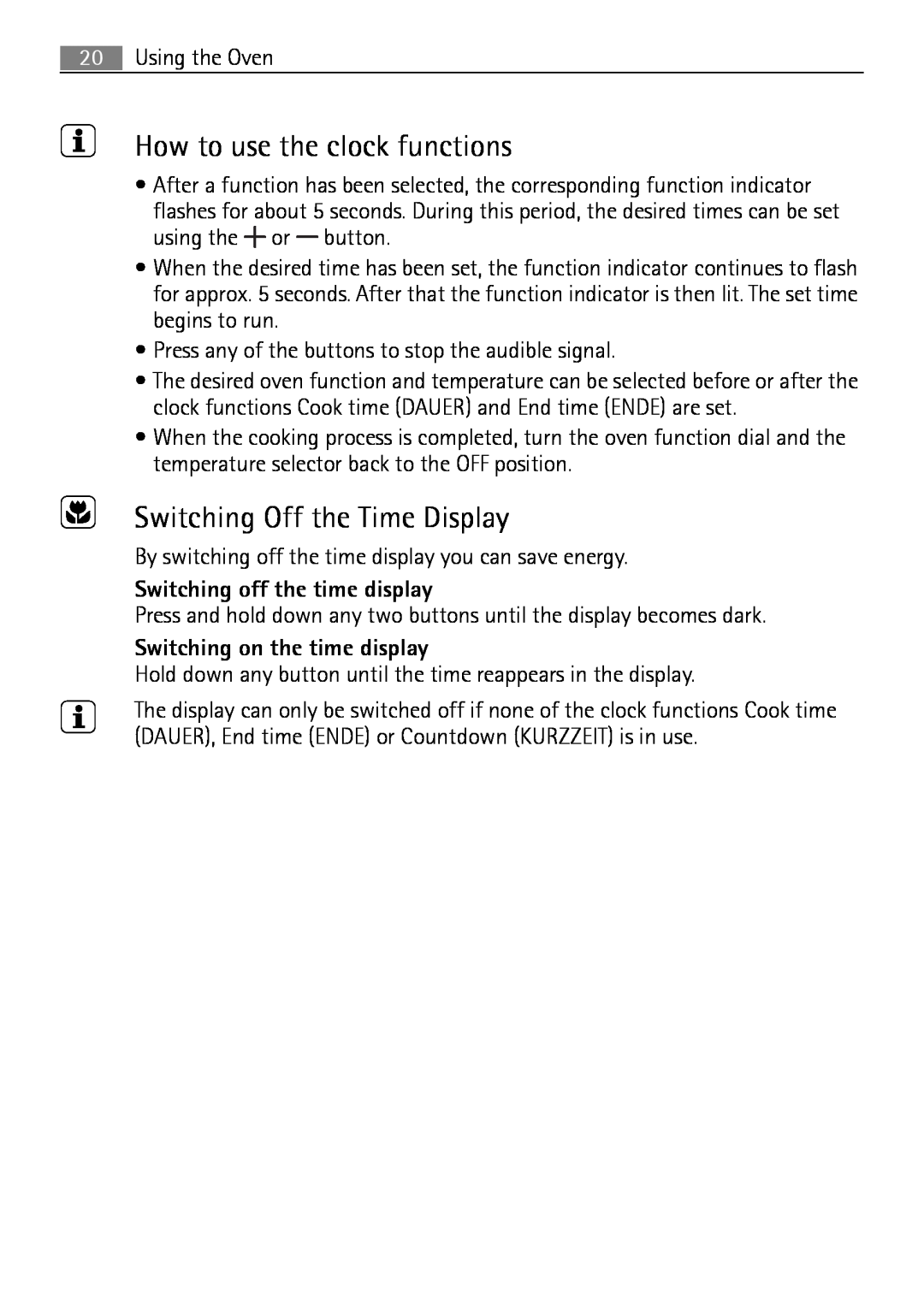 Electrolux E43012-5 How to use the clock functions, Switching Off the Time Display, Switching off the time display 