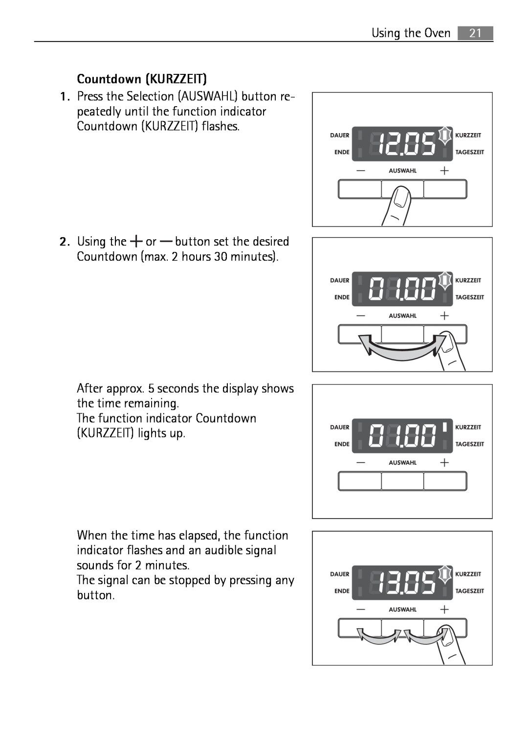 Electrolux E43012-5 user manual The function indicator Countdown KURZZEIT lights up 