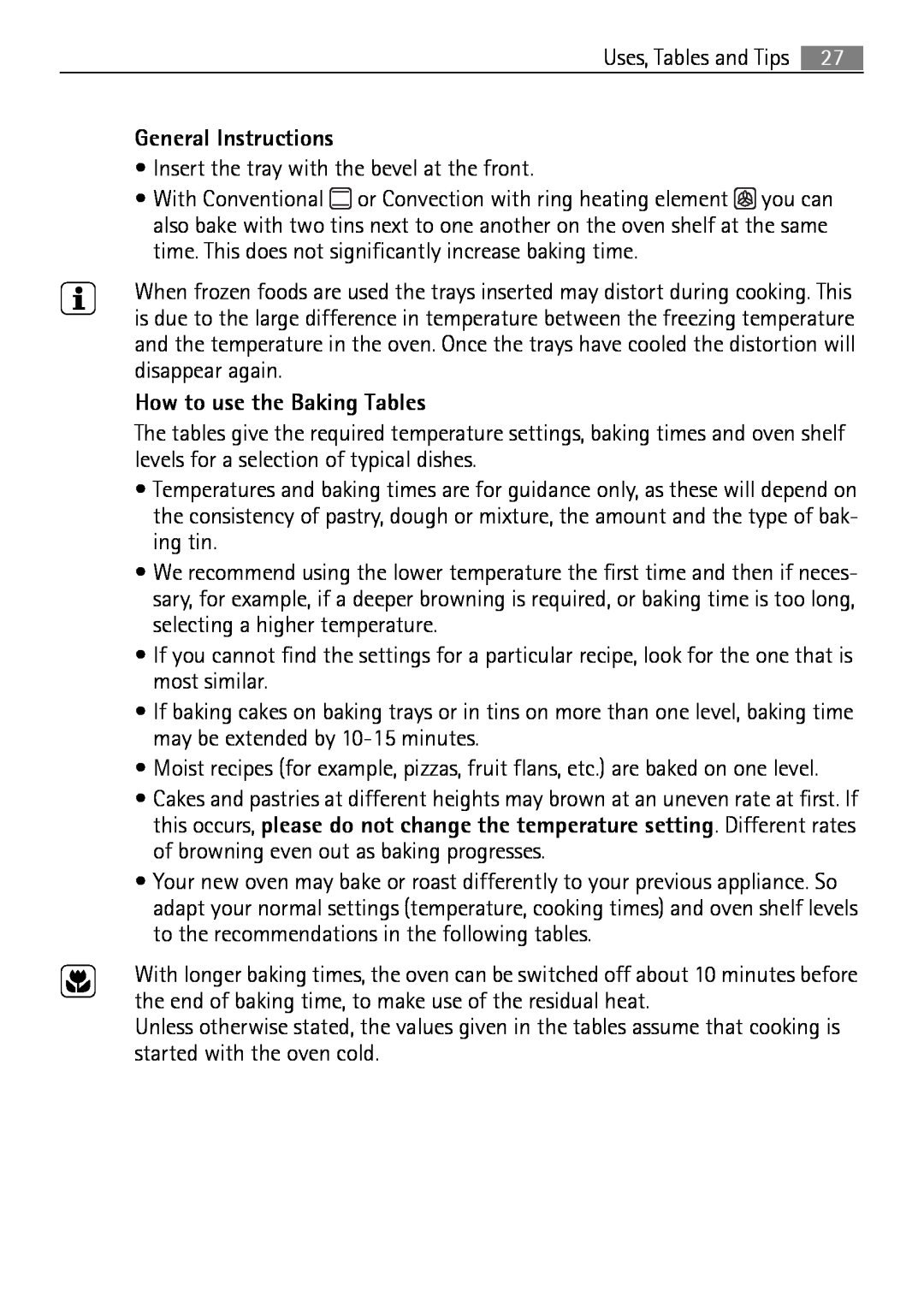 Electrolux E43012-5 user manual General Instructions, How to use the Baking Tables 