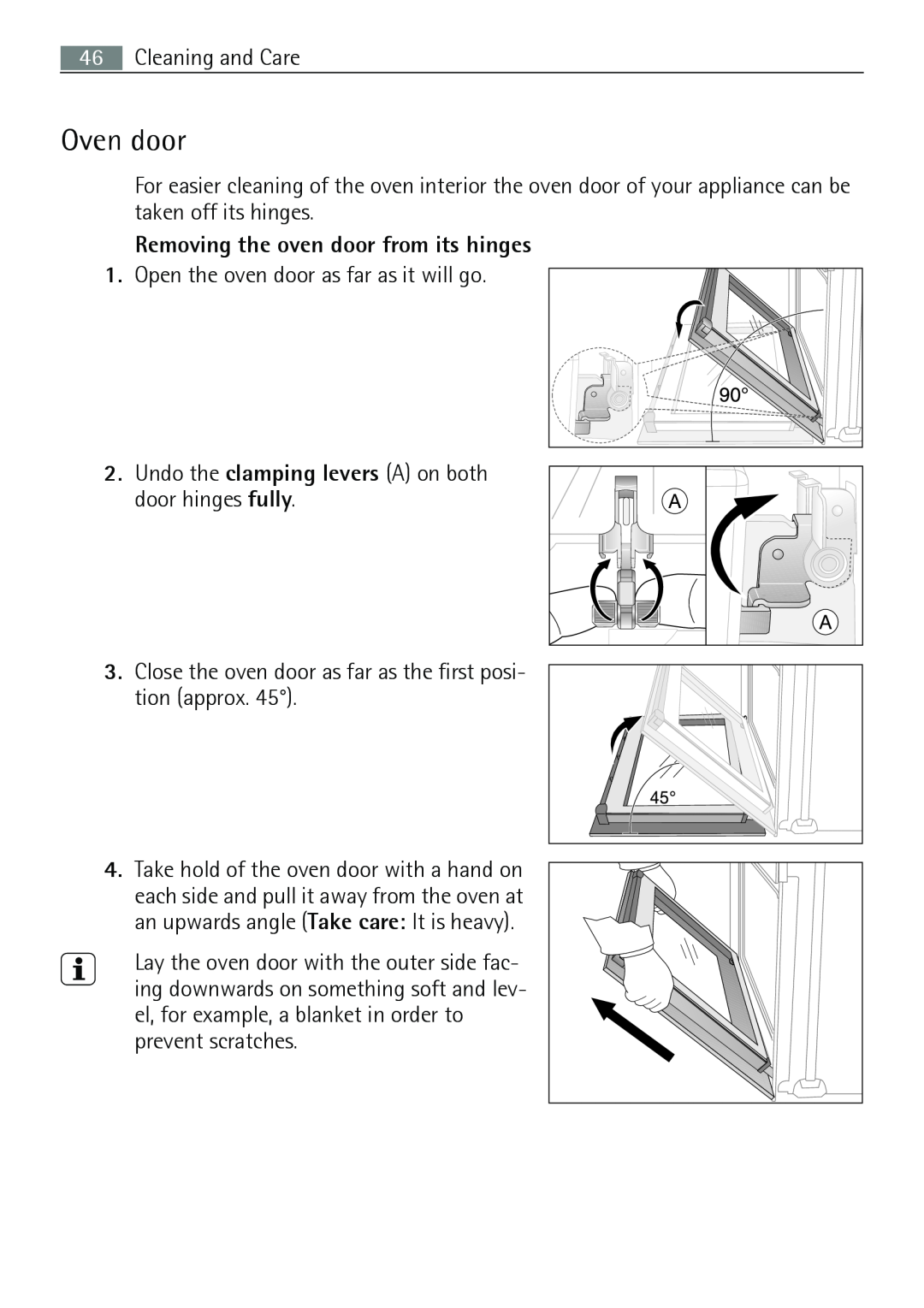 Electrolux E43012-5 user manual Oven door, Removing the oven door from its hinges 