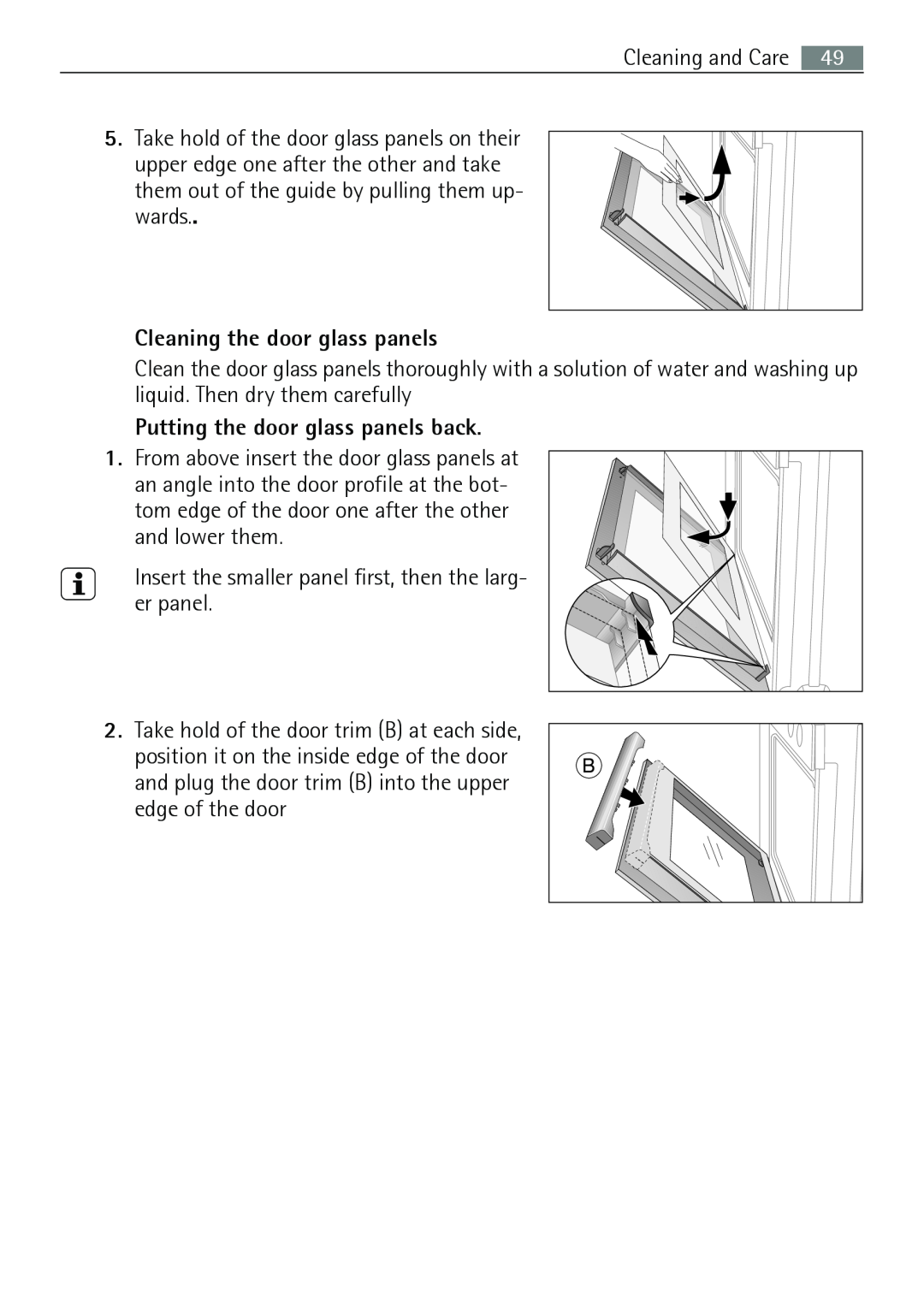 Electrolux E43012-5 user manual Cleaning the door glass panels, Putting the door glass panels back 