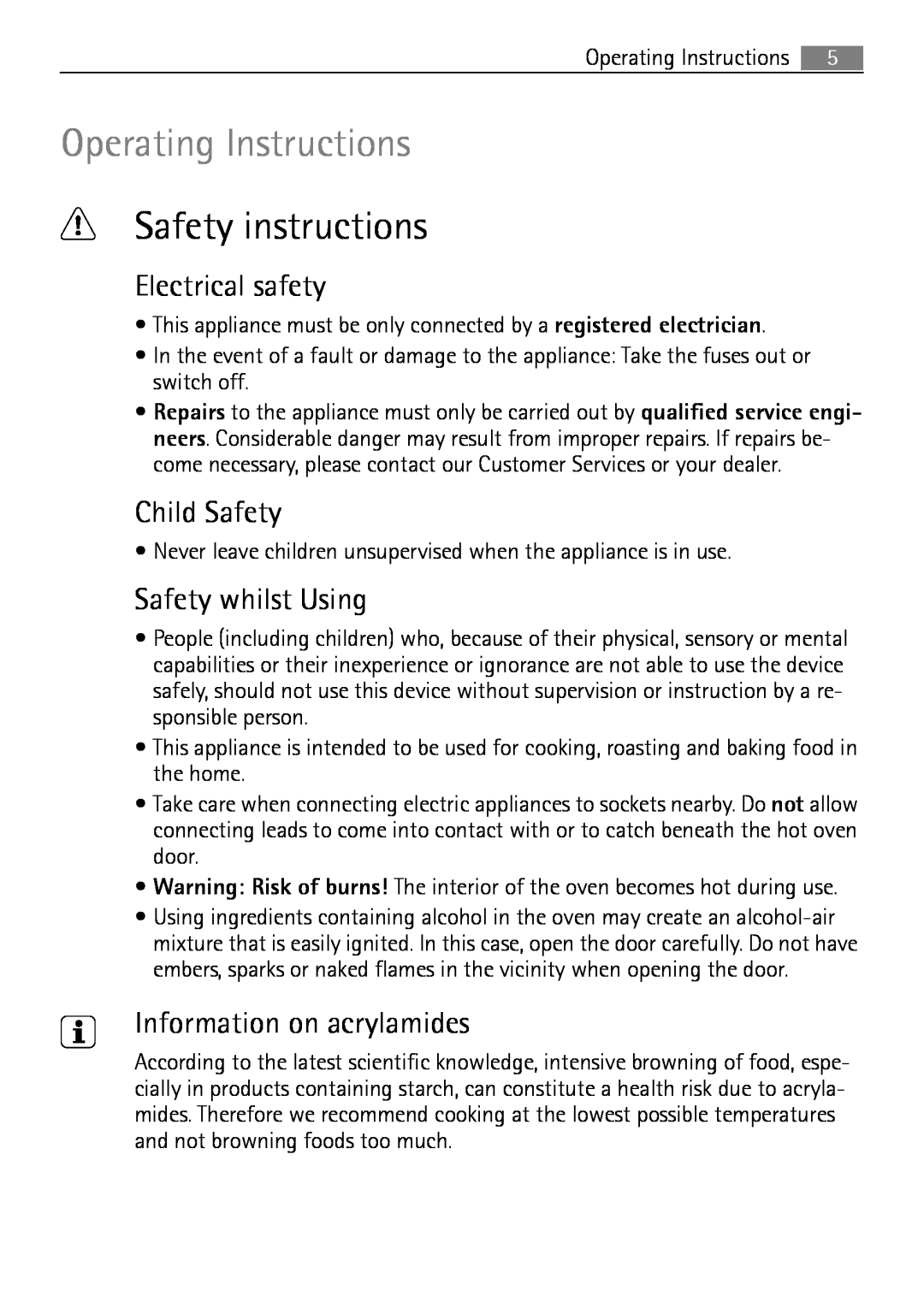 Electrolux E43012-5 Operating Instructions, Safety instructions, Electrical safety, Child Safety, Safety whilst Using 