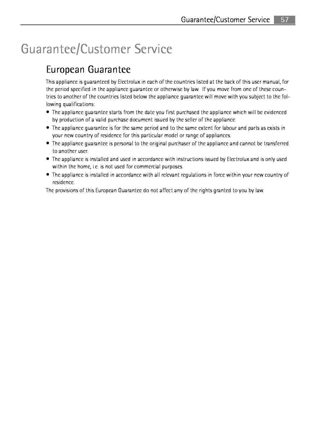 Electrolux E43012-5 user manual Guarantee/Customer Service, European Guarantee 