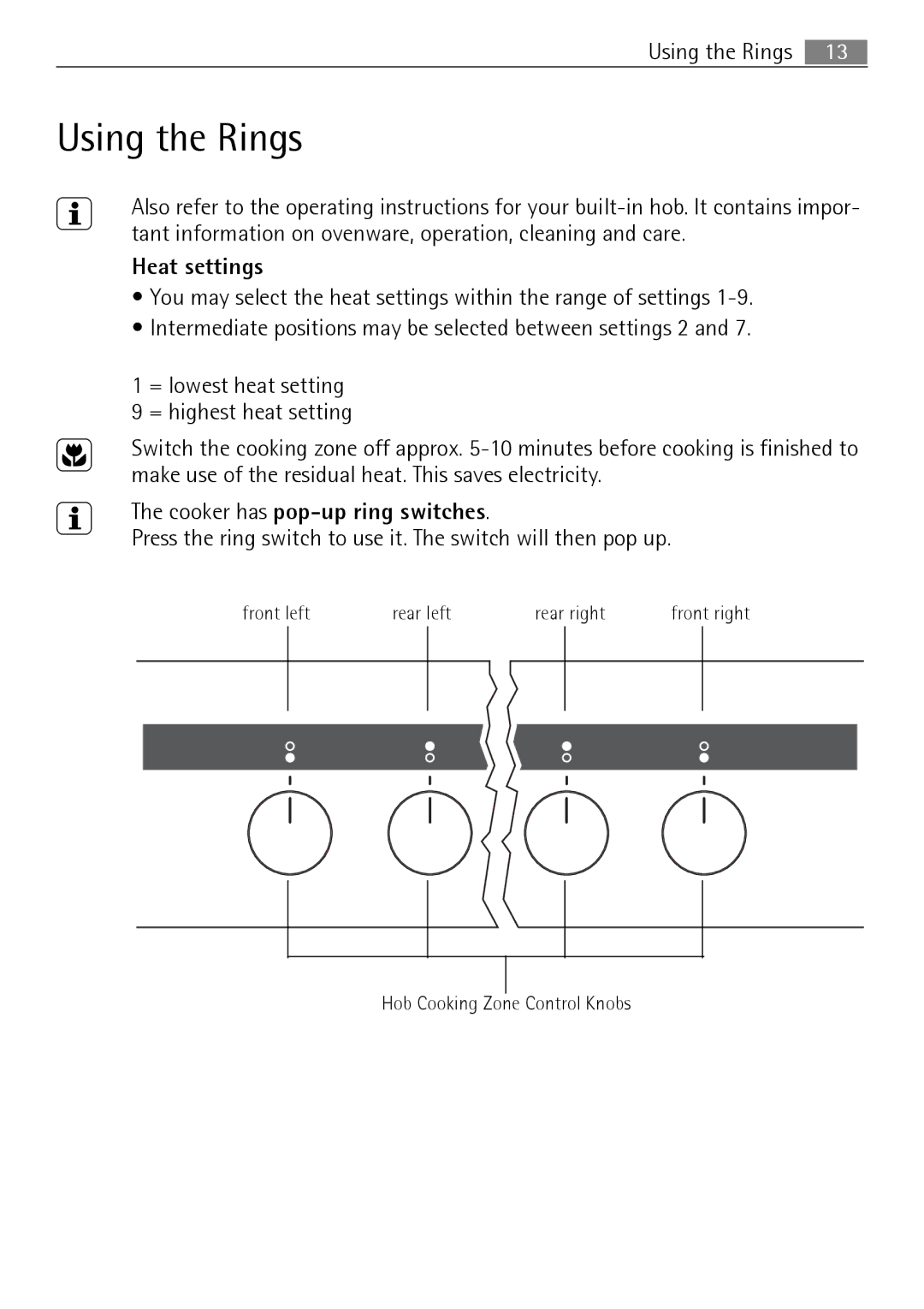 Electrolux E4431-5 user manual Using the Rings, Heat settings, Cooker has pop-up ring switches 