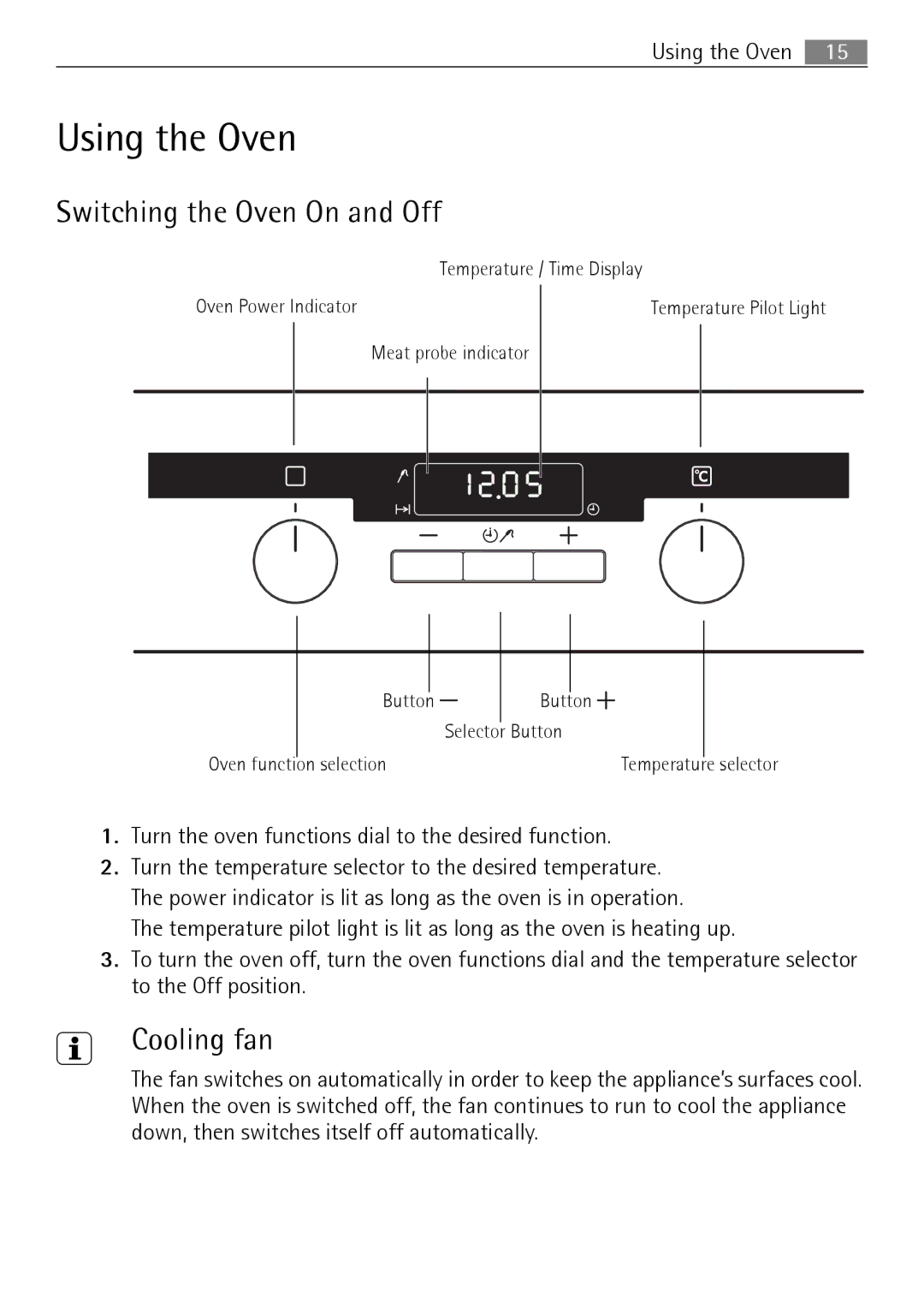 Electrolux E4431-5 user manual Using the Oven, Switching the Oven On and Off, Cooling fan 