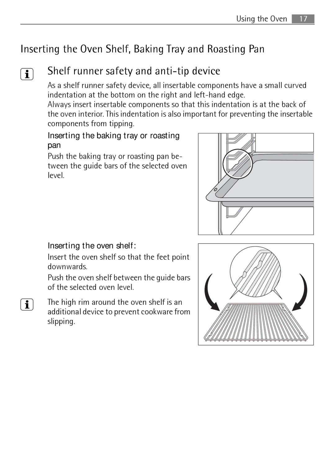 Electrolux E4431-5 user manual Inserting the baking tray or roasting pan, Inserting the oven shelf 