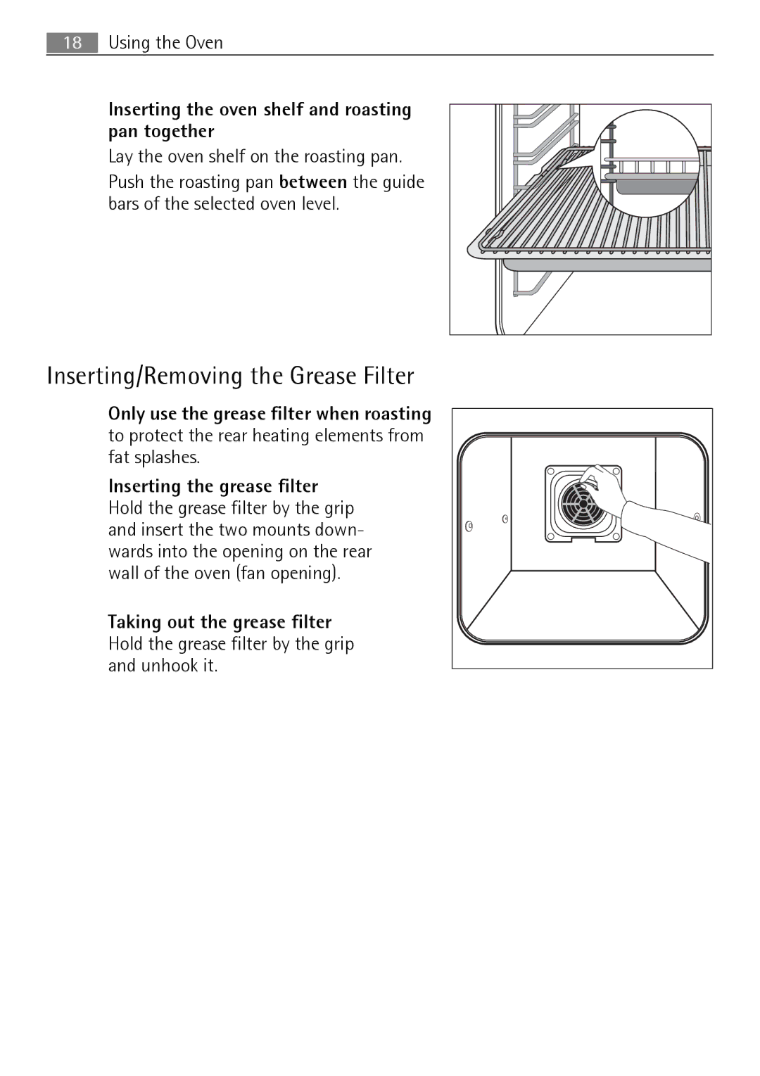 Electrolux E4431-5 user manual Inserting/Removing the Grease Filter, Inserting the oven shelf and roasting pan together 