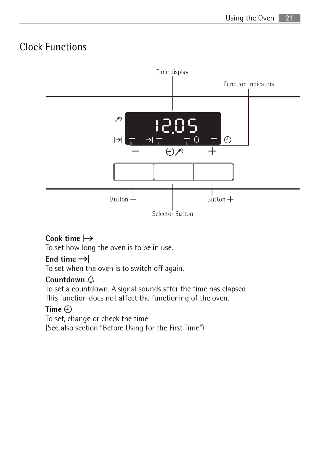 Electrolux E4431-5 user manual Clock Functions, Cook time, End time, Countdown, Time 