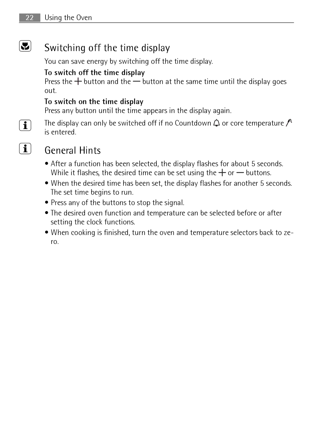 Electrolux E4431-5 user manual Switching off the time display, General Hints, To switch off the time display 