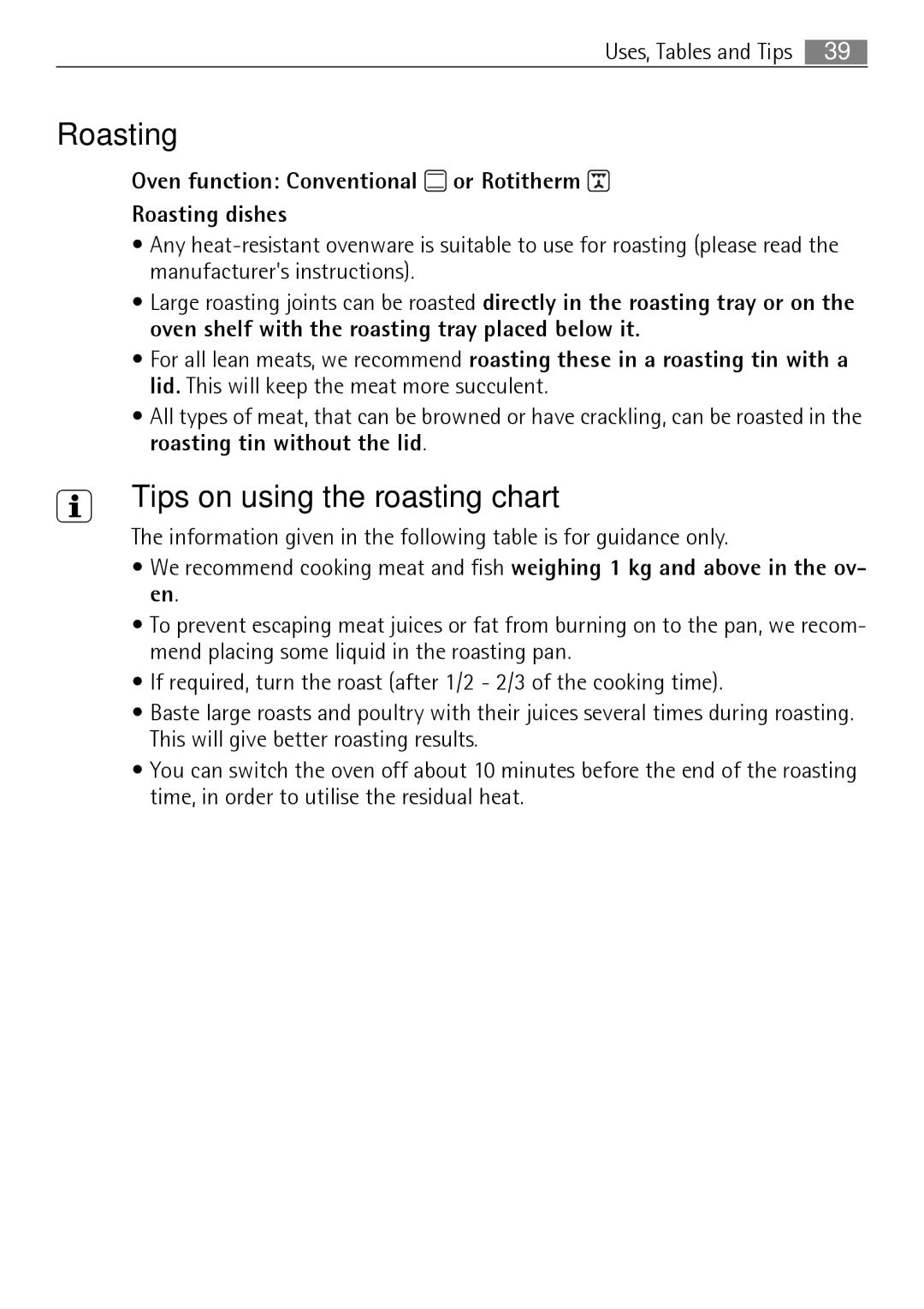 Electrolux E4431-5 Tips on using the roasting chart, Oven function Conventional or Rotitherm Roasting dishes 