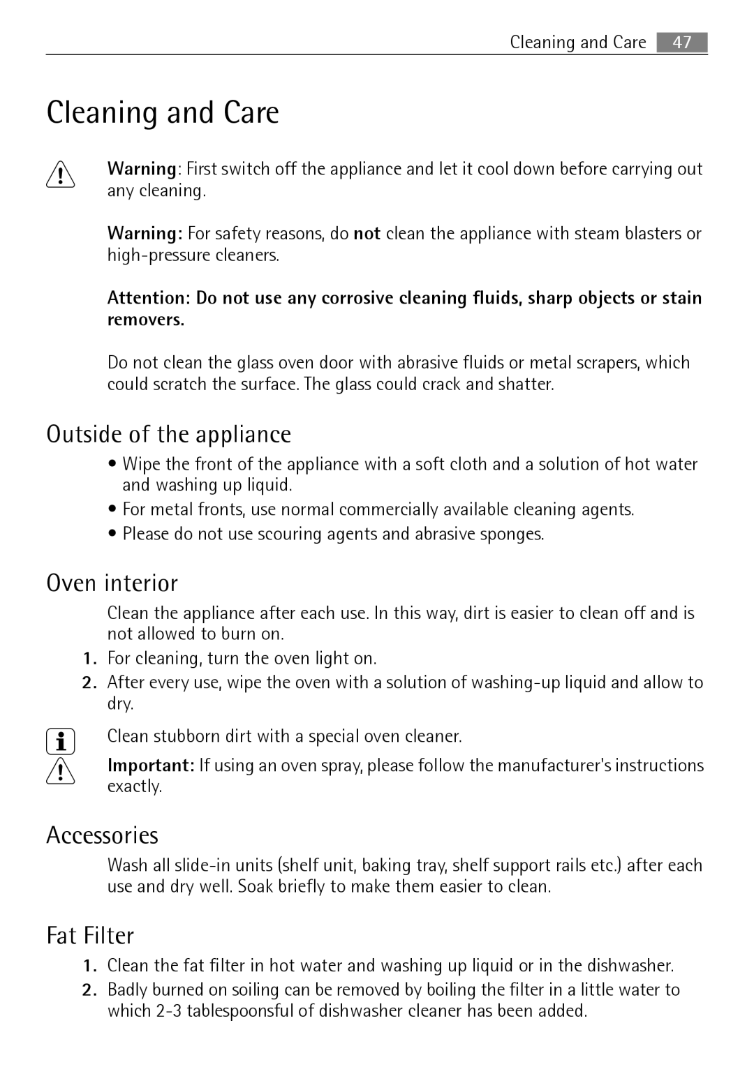 Electrolux E4431-5 user manual Cleaning and Care, Outside of the appliance, Oven interior, Accessories, Fat Filter 