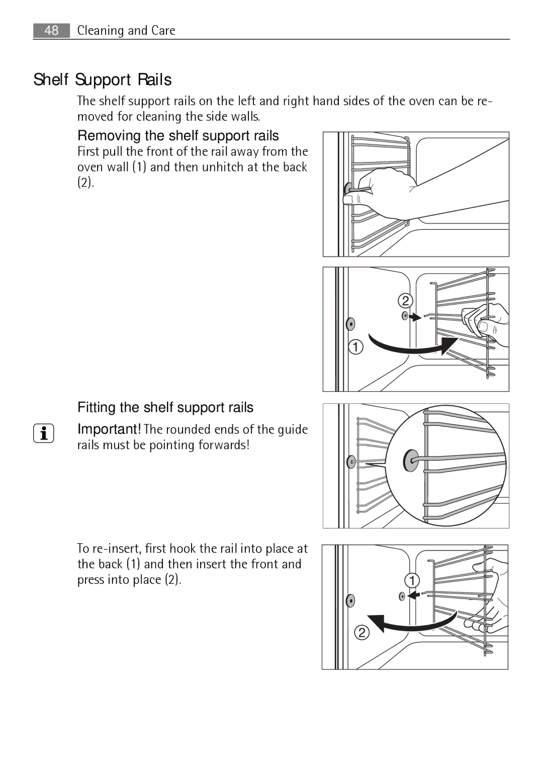 Electrolux E4431-5 user manual Shelf Support Rails, Removing the shelf support rails, Fitting the shelf support rails 