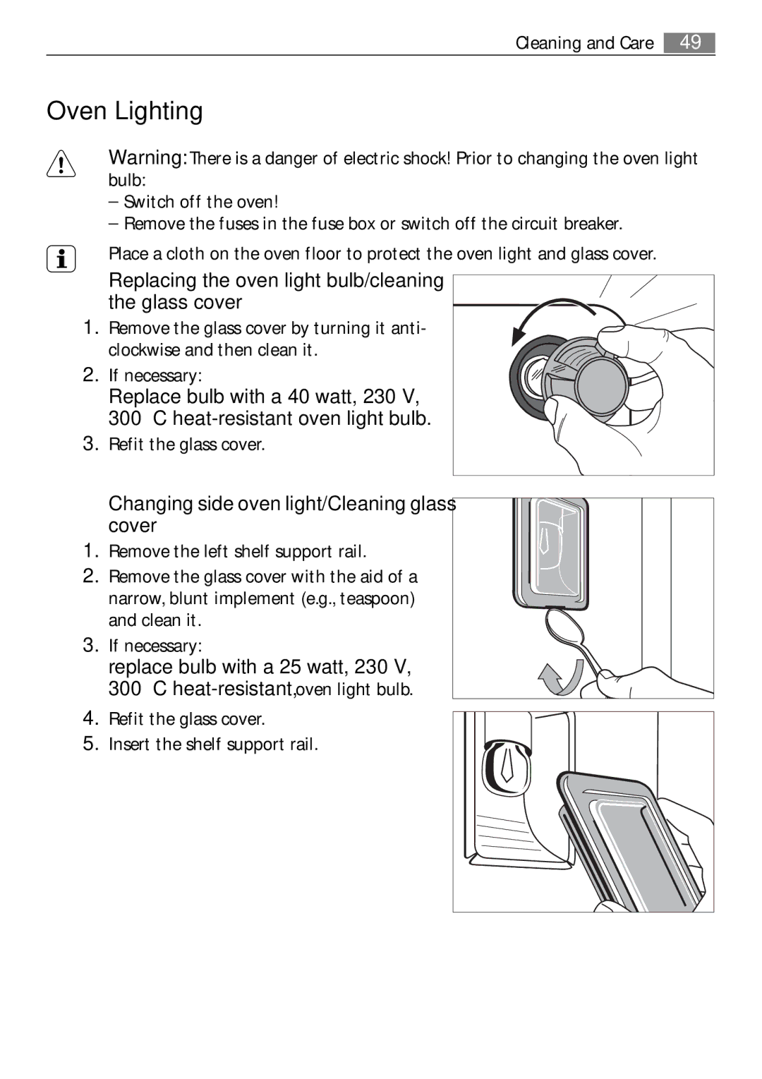 Electrolux E4431-5 user manual Oven Lighting, Replacing the oven light bulb/cleaning the glass cover 