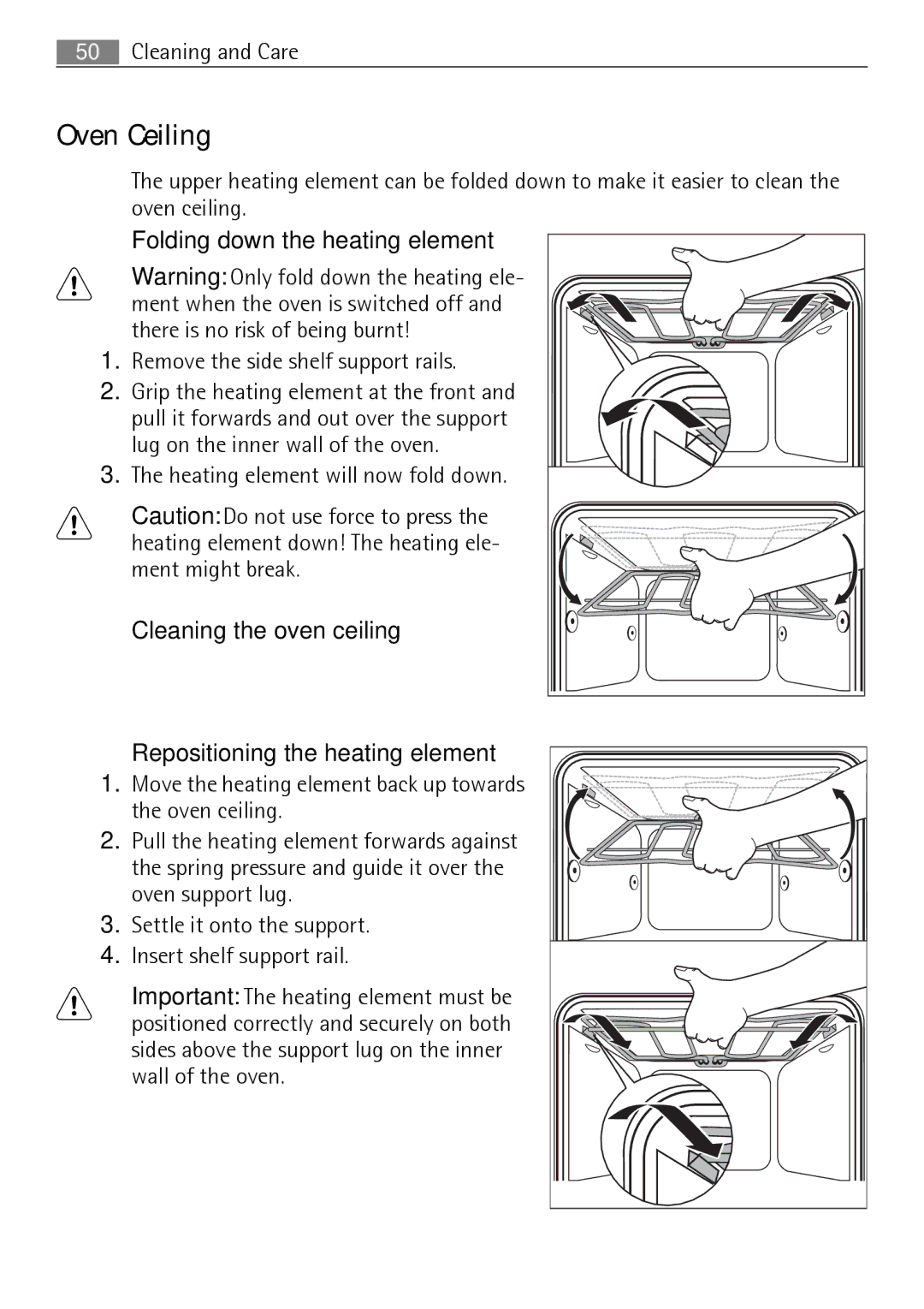 Electrolux E4431-5 user manual Oven Ceiling, Folding down the heating element 