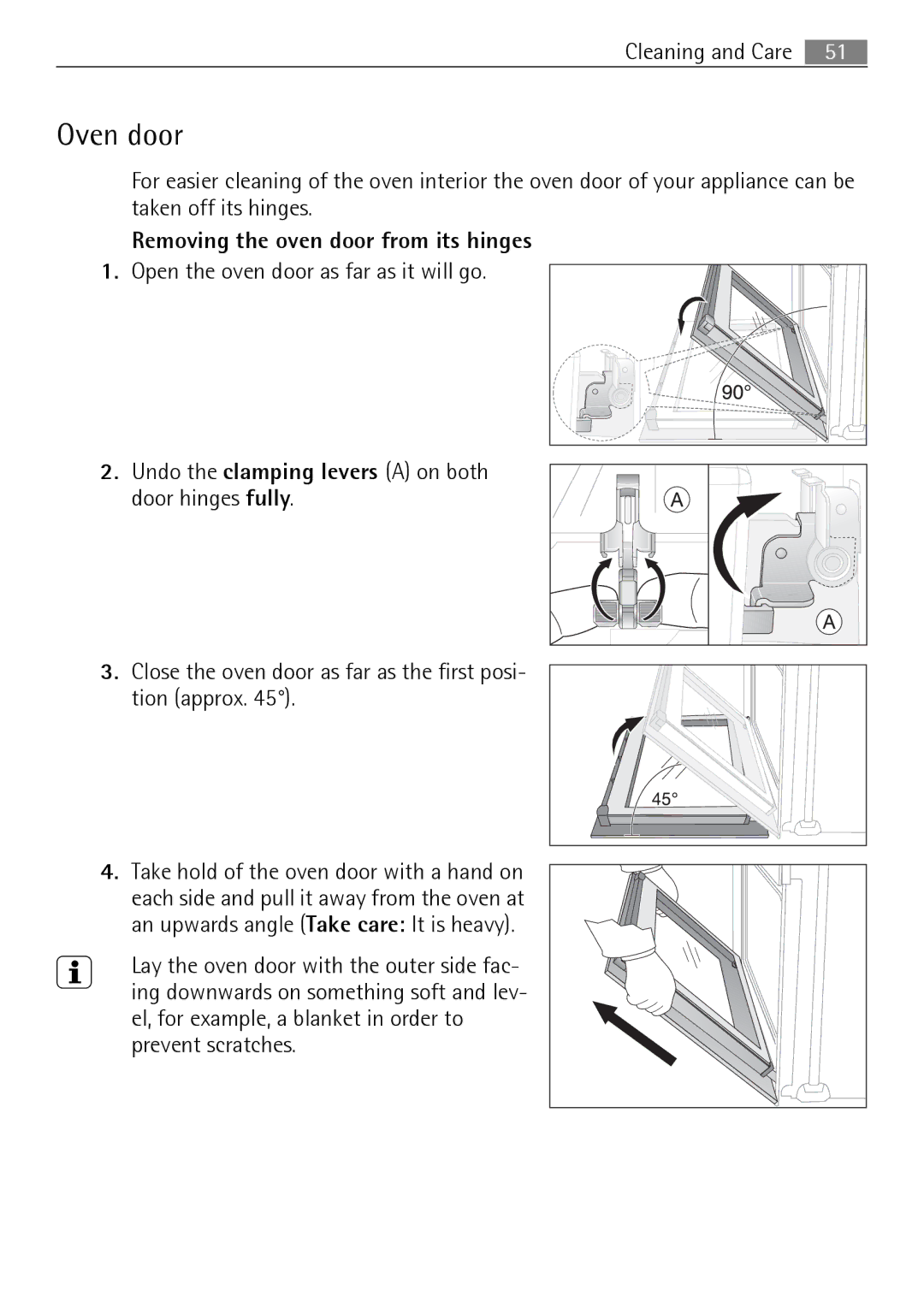 Electrolux E4431-5 user manual Oven door, Removing the oven door from its hinges 