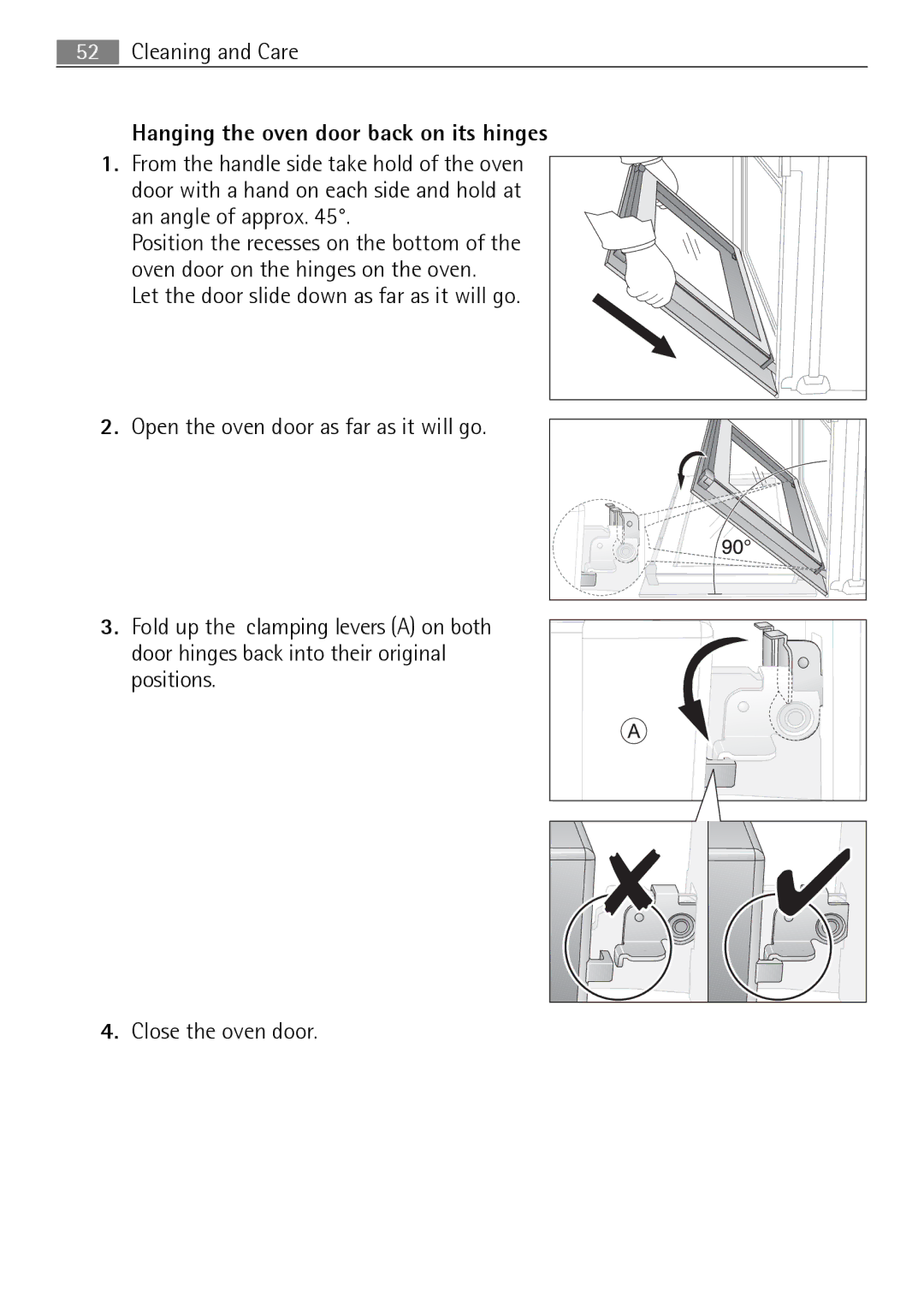 Electrolux E4431-5 user manual Hanging the oven door back on its hinges 