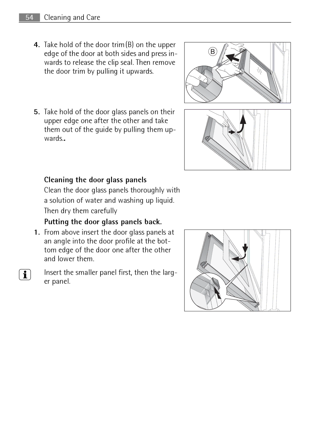 Electrolux E4431-5 user manual Cleaning the door glass panels, Putting the door glass panels back 