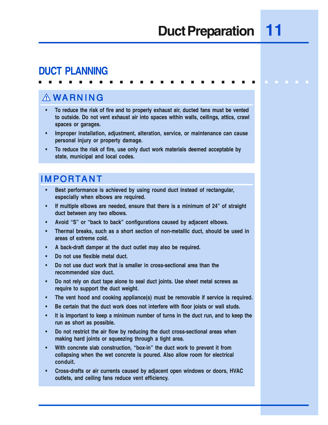 Electrolux E30WV60EPS, E488WV120S installation instructions Duct Preparation, Duct Planning 