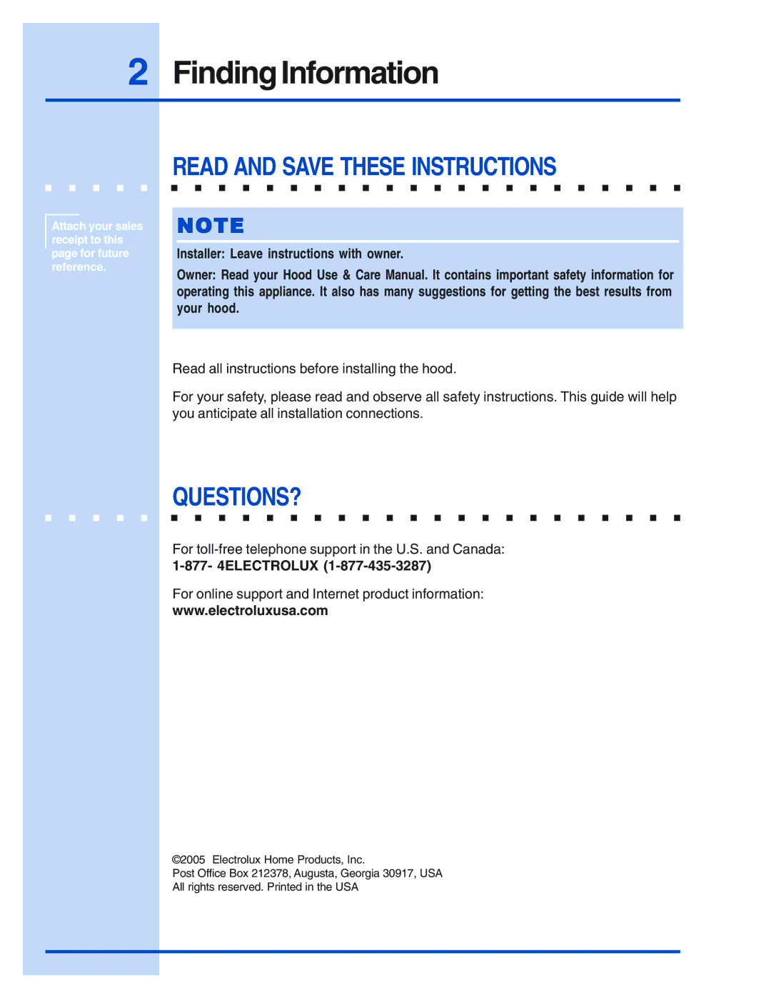 Electrolux E30WV60EPS, E488WV120S, E36WV60EPS Finding Information, Read and Save These Instructions, Questions? 