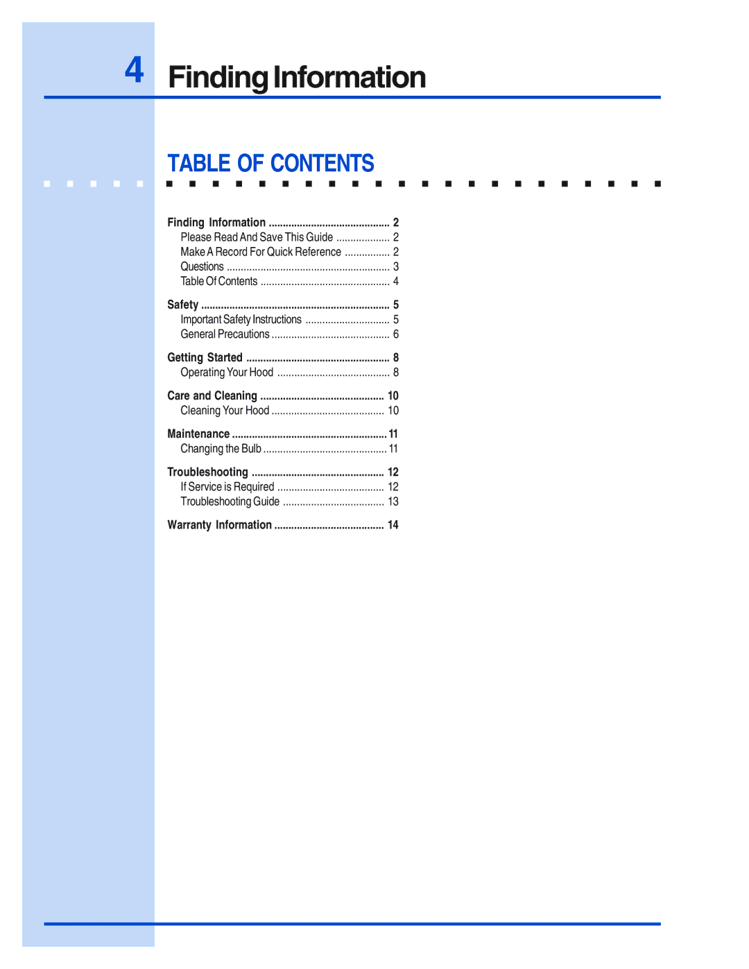 Electrolux E368WV60ES, E488WV12OS, E36WV60EPS, E48WV12EPS, E308WV60ES manual Table of Contents 