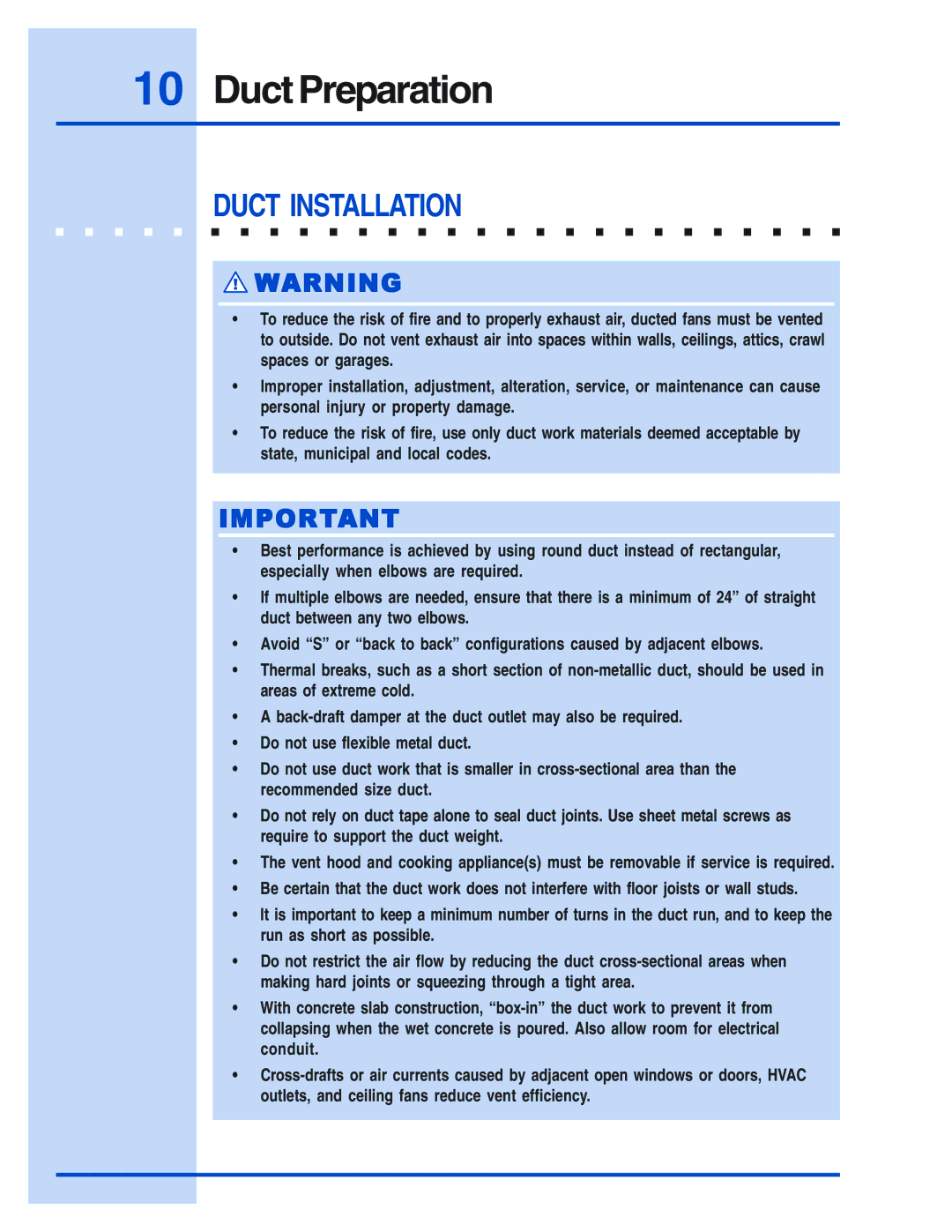 Electrolux E36DD75ESS, E48DD75ESS, E46DD75ESS, E30DD75ESS installation instructions Duct Preparation, Duct Installation 