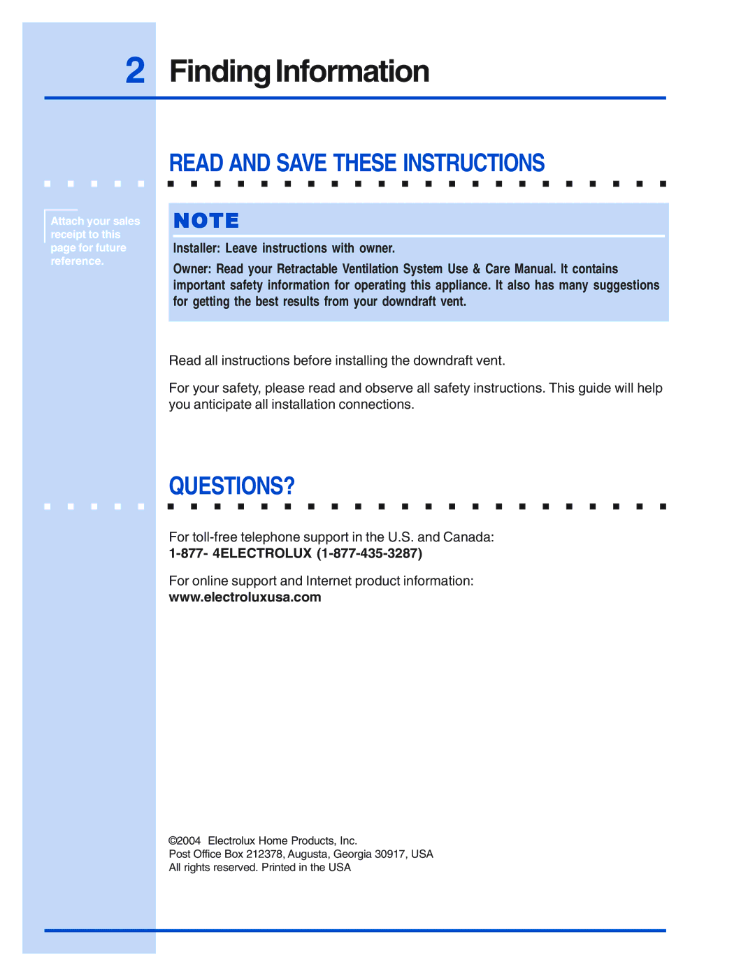 Electrolux E36DD75ESS, E48DD75ESS, E46DD75ESS, E30DD75ESS Finding Information, Read and Save These Instructions, Questions? 